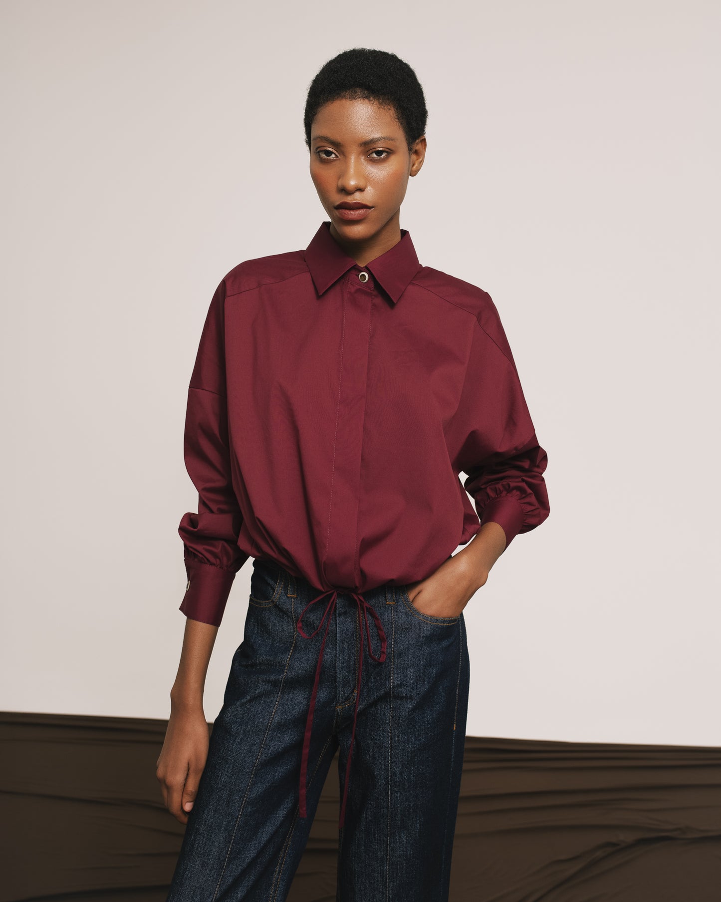 Cotton Shirt with Gathered Waistline