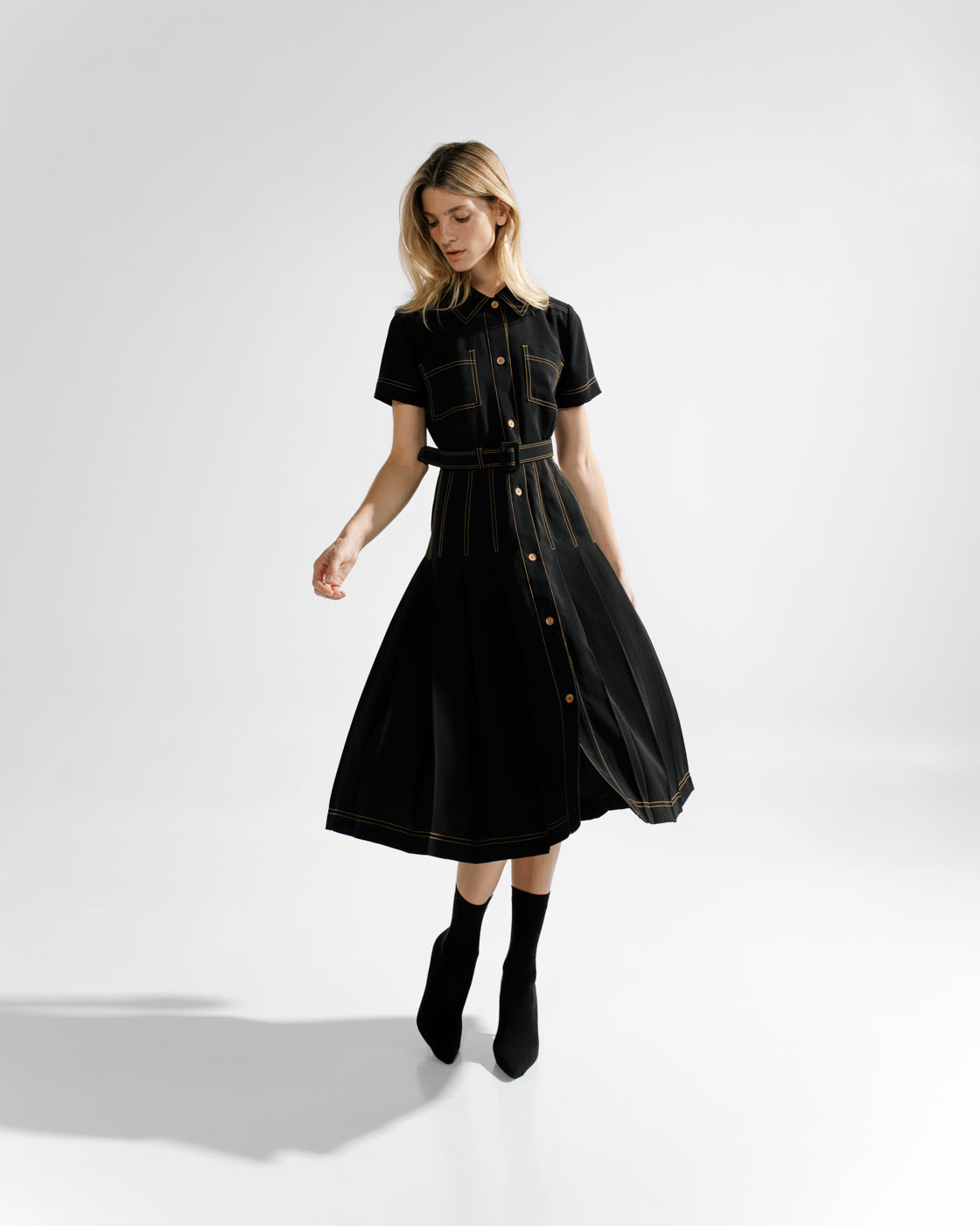Vintage-Stitch Button-Down Midi Shirt Dress