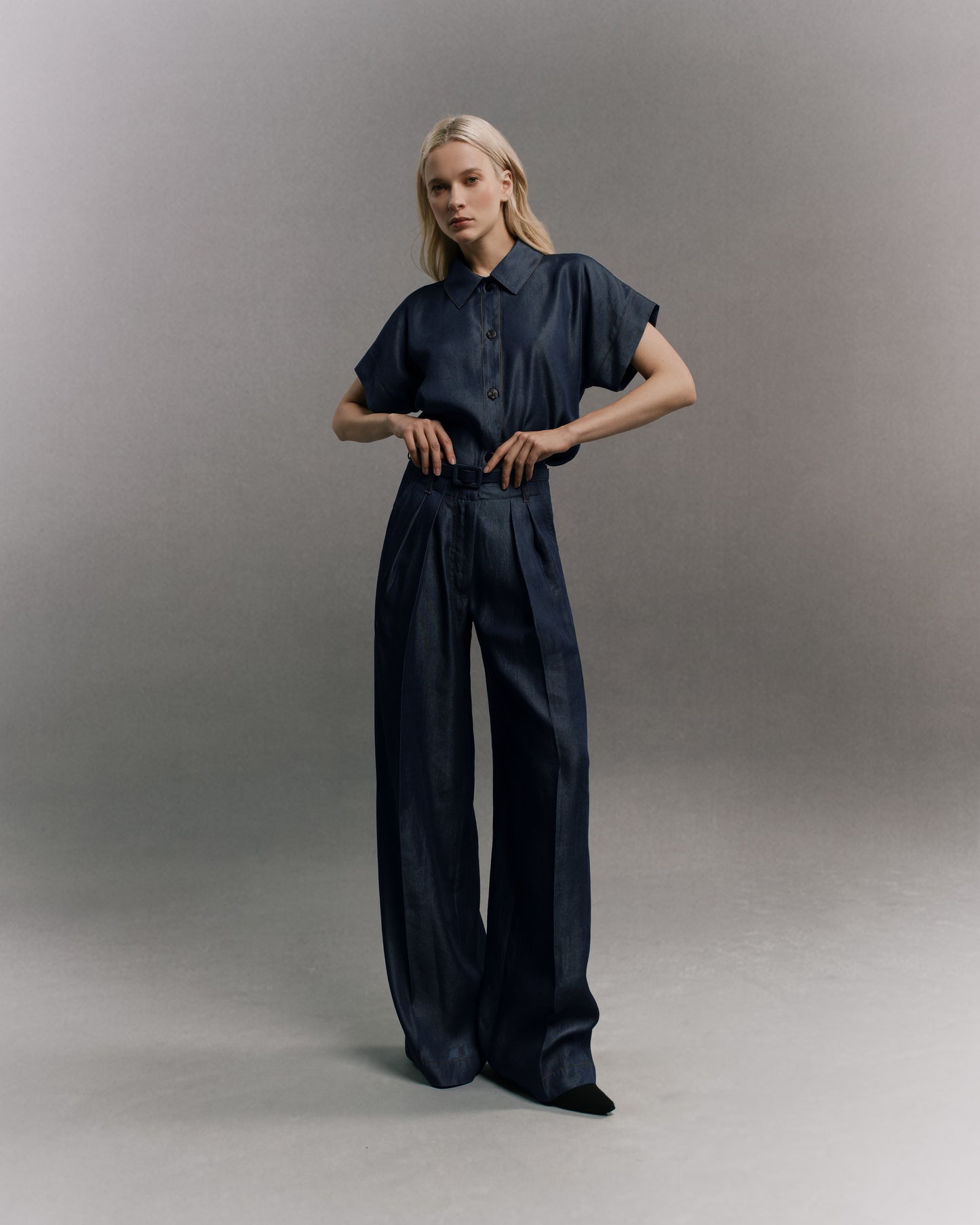 Loose Wide Pleated Pant (Denim Look) Full Body