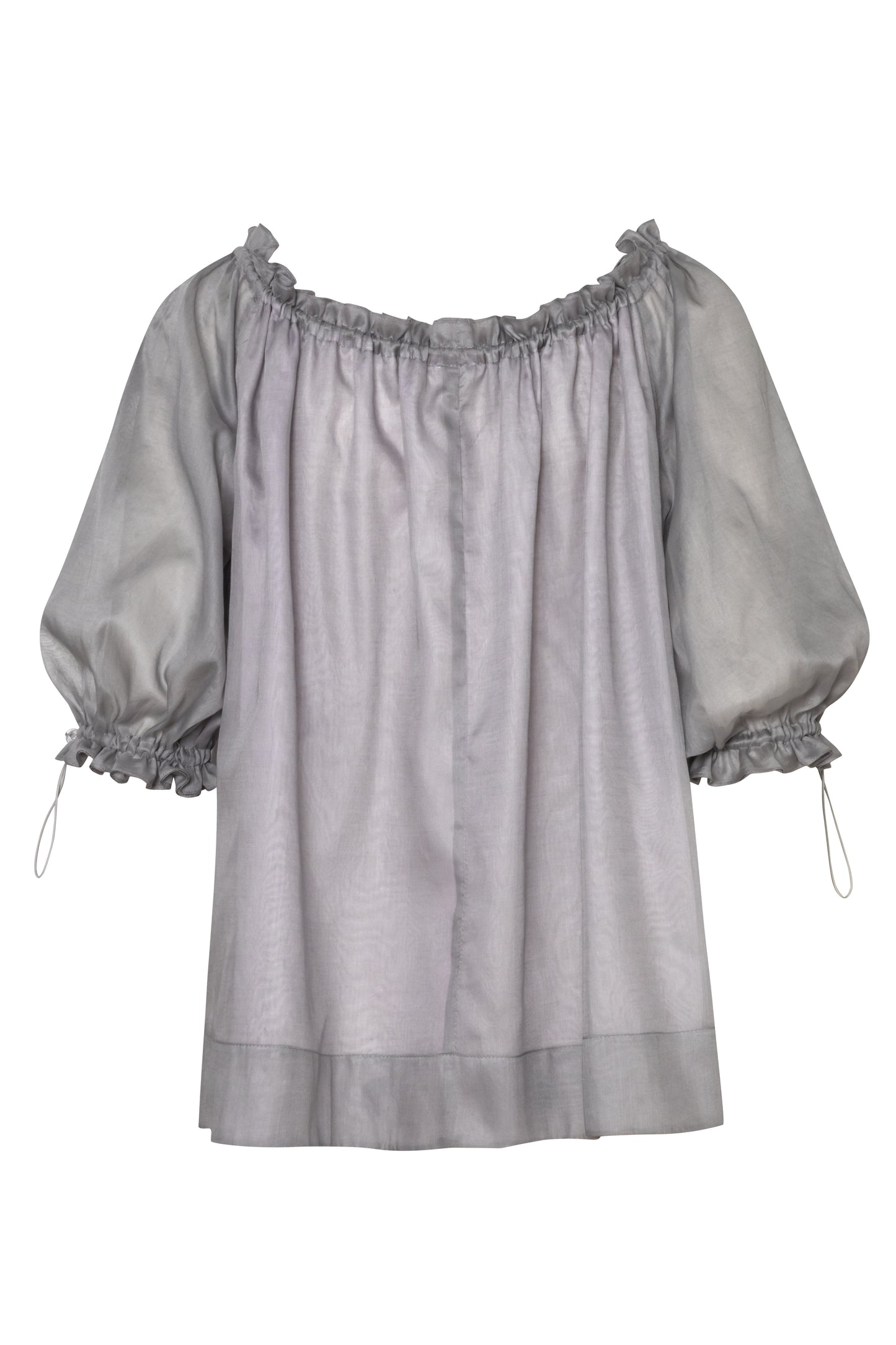 Close-up of the Amelia Toro Balloon-Sleeve Cotton Voile Top in Grey/Pink