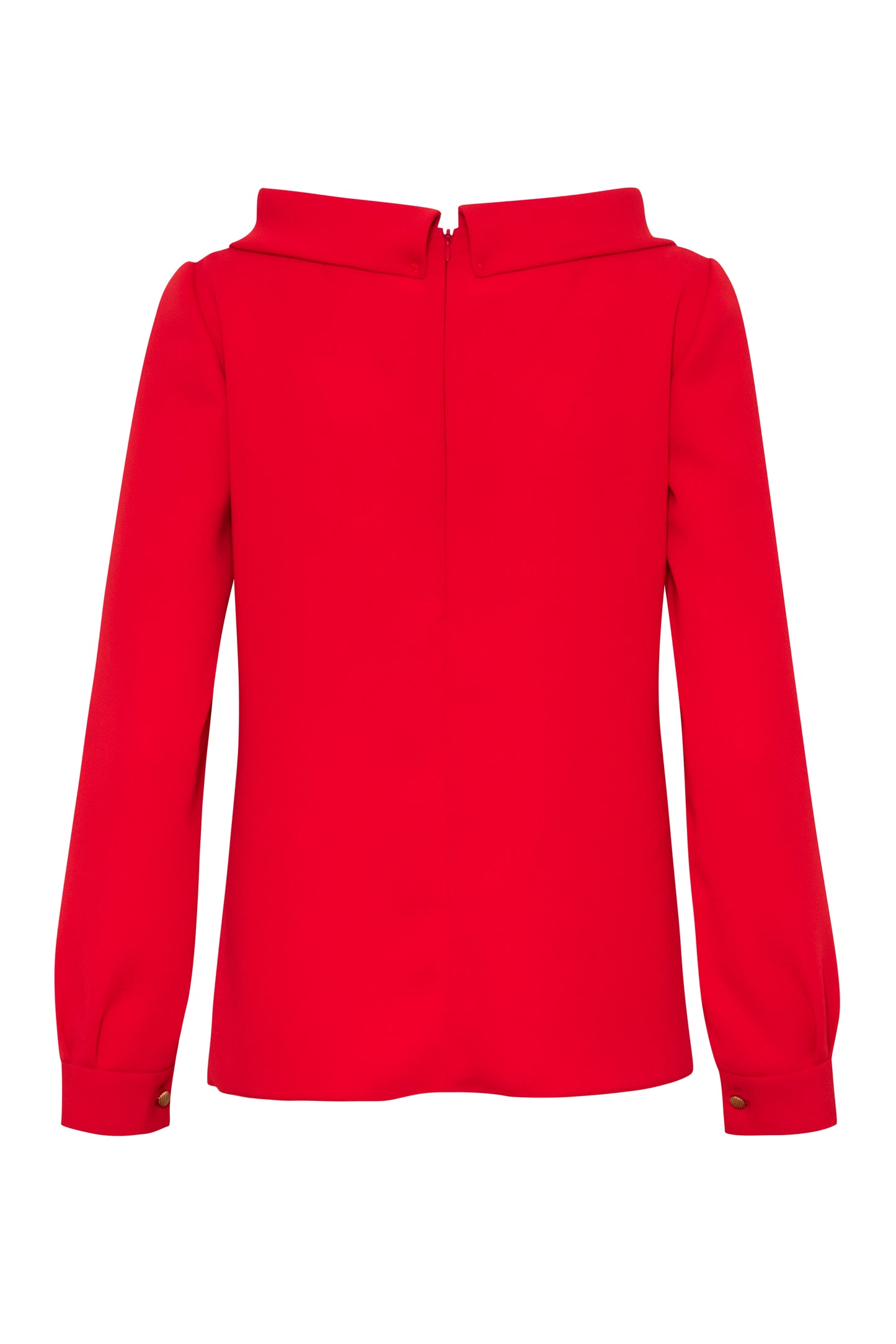 Close-up of the Amelia Toro High-Neck Long-Sleeve Cady Blouse in Red