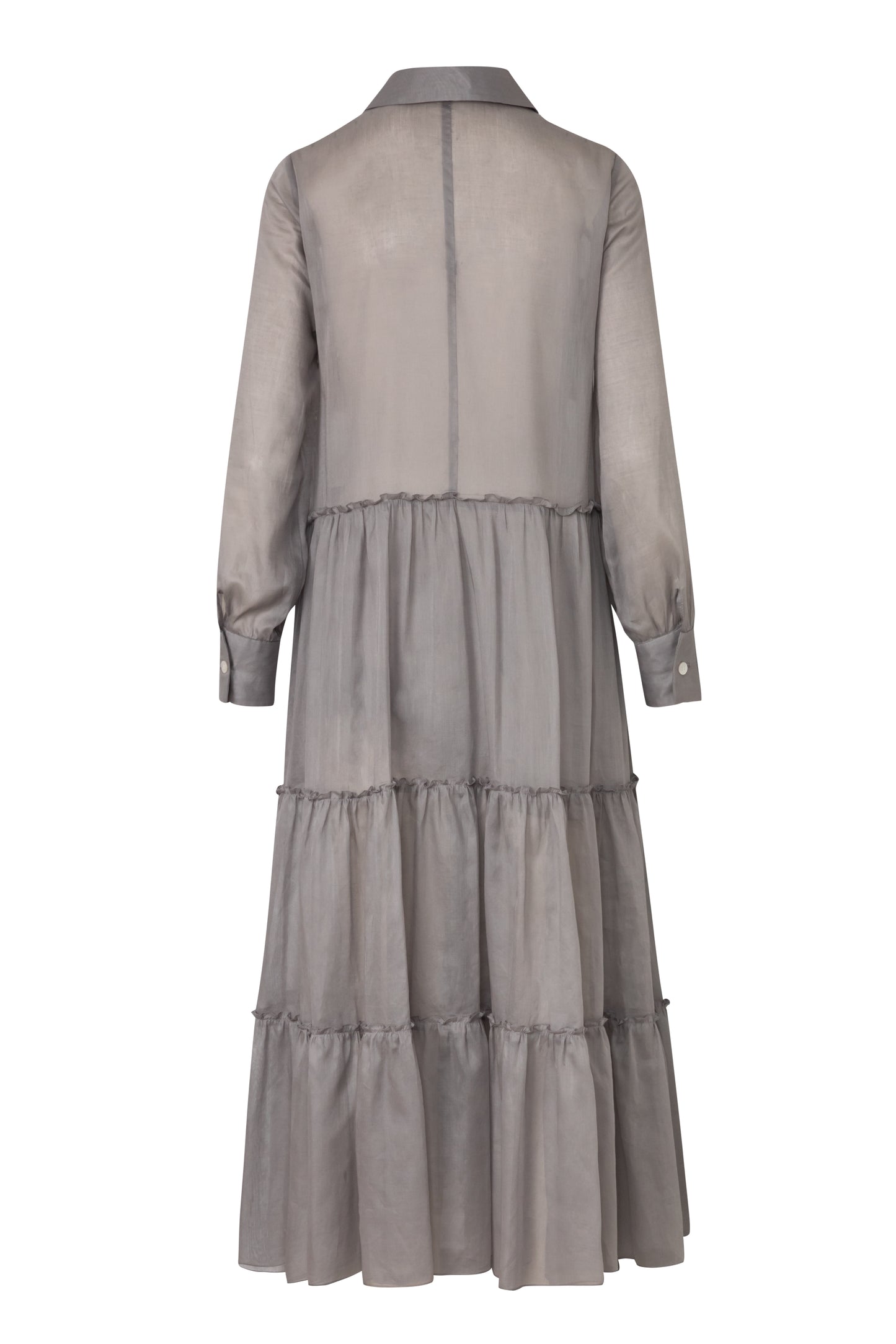 Close-up of the Amelia Toro Long-Sleeve Ruffle-Skirt Cotton Voile Midi Dress in Red