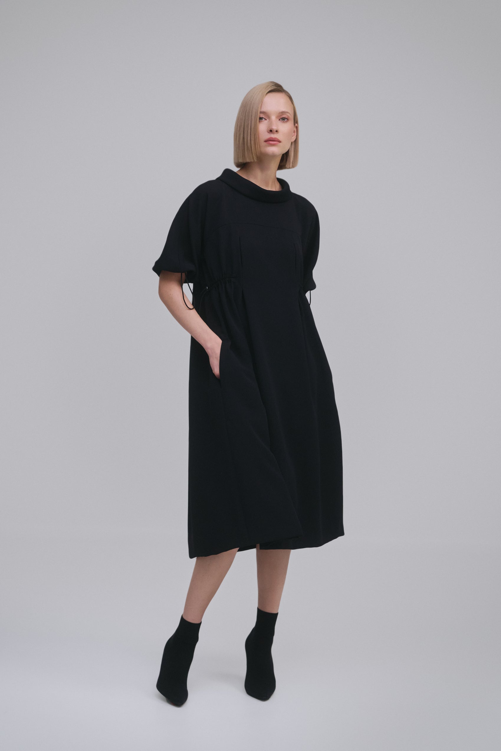 Loose Cowl-Neck Kimono-Sleeve Midi Dress