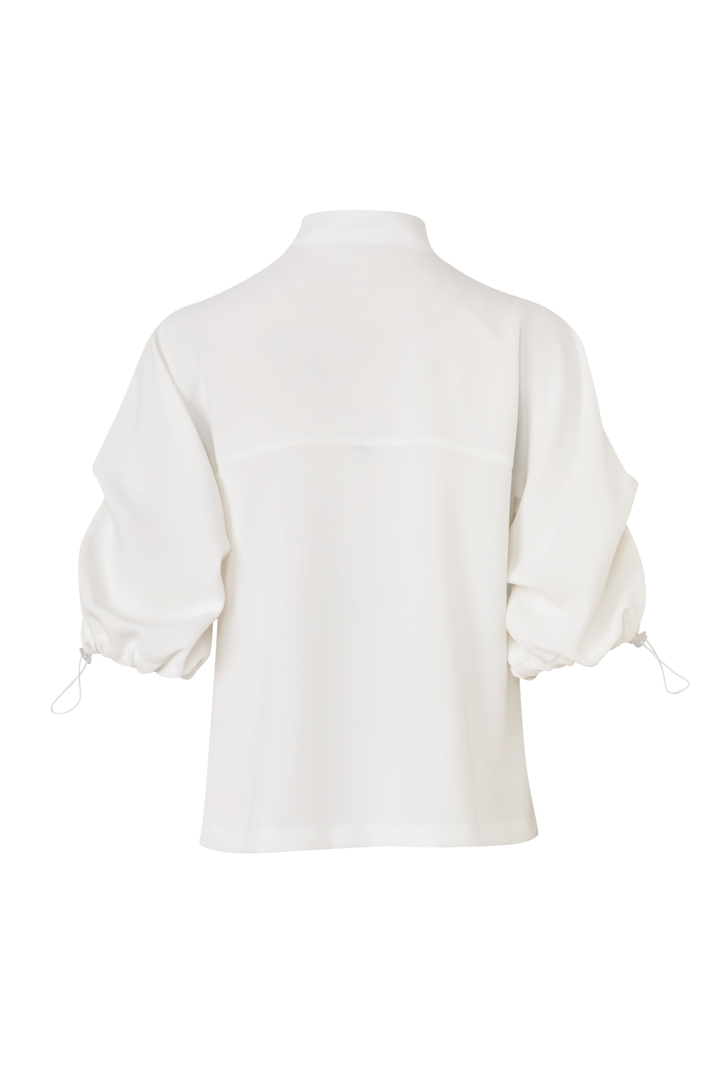 Close-up of the Amelia Toro Nehru-Collar Kimono-Sleeve Blouse in White