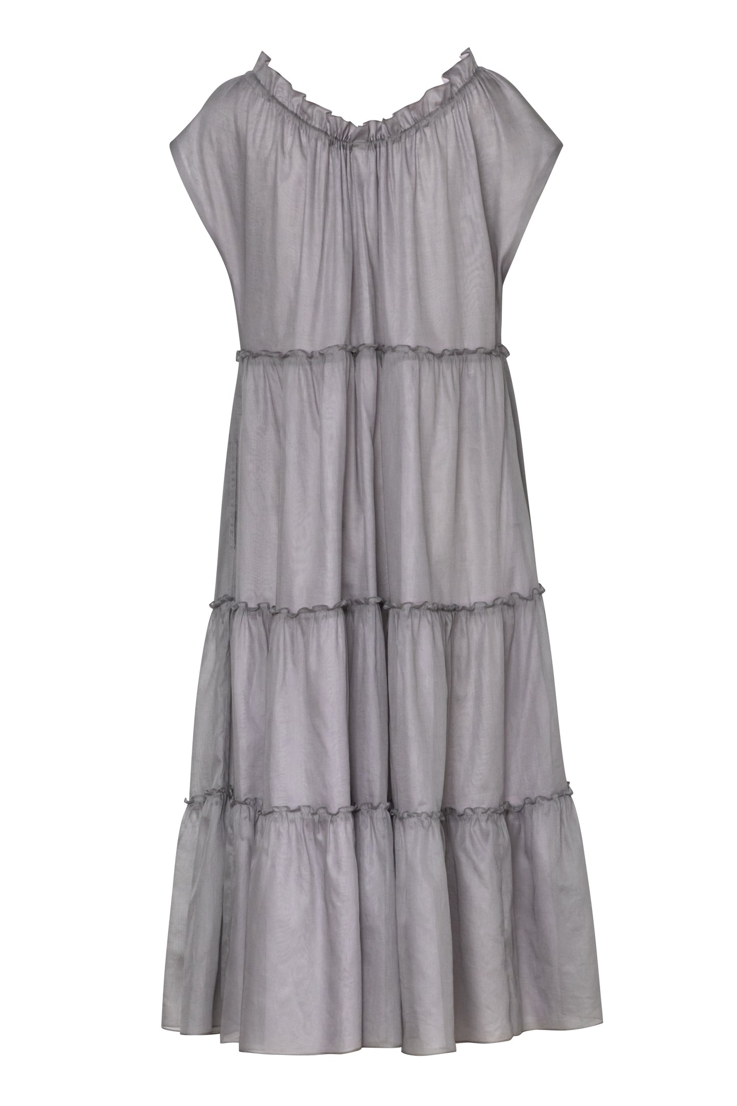 Close-up of the Amelia Toro Sleeveless Ruffled Cotton Voile Midi Dress in Grey/Pink