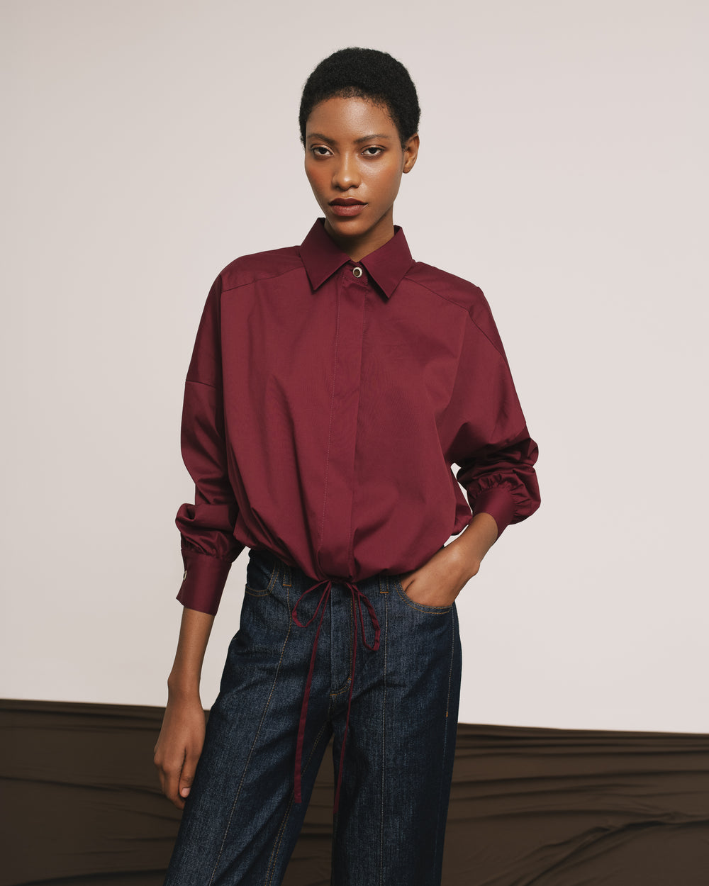 Cotton Shirt with Gathered Waistline