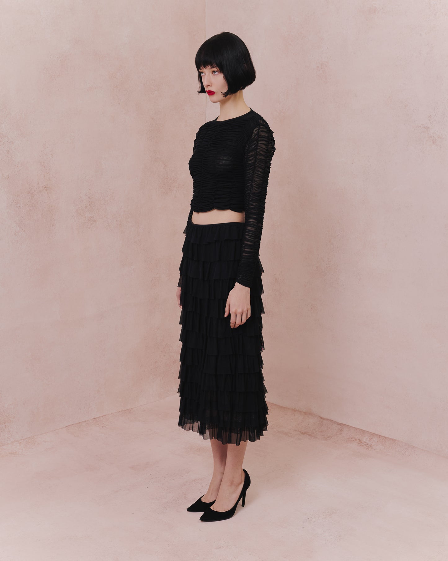 Ruched Tulle Long-Sleeve Crop Top
