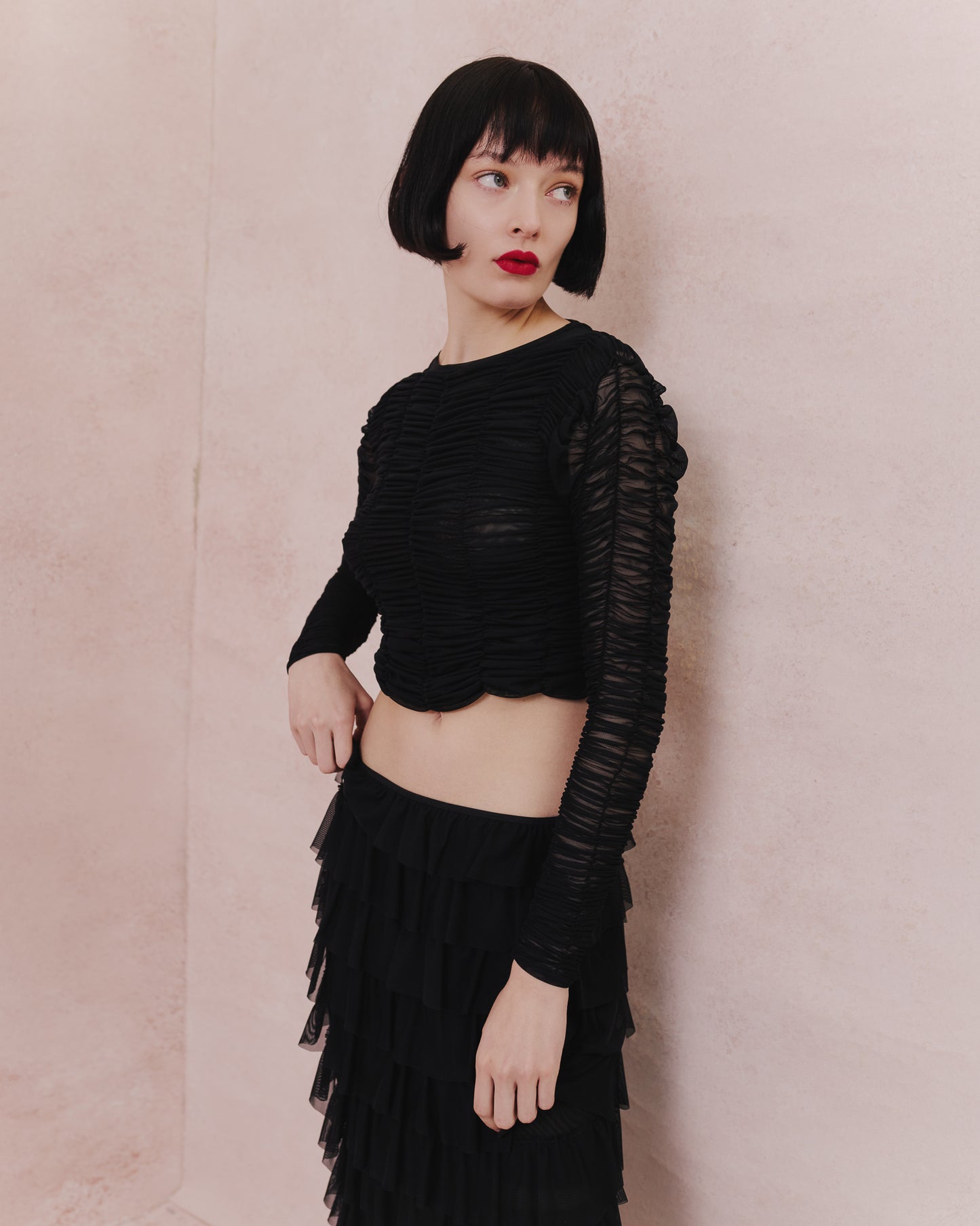 Ruched Tulle Long-Sleeve Crop Top
