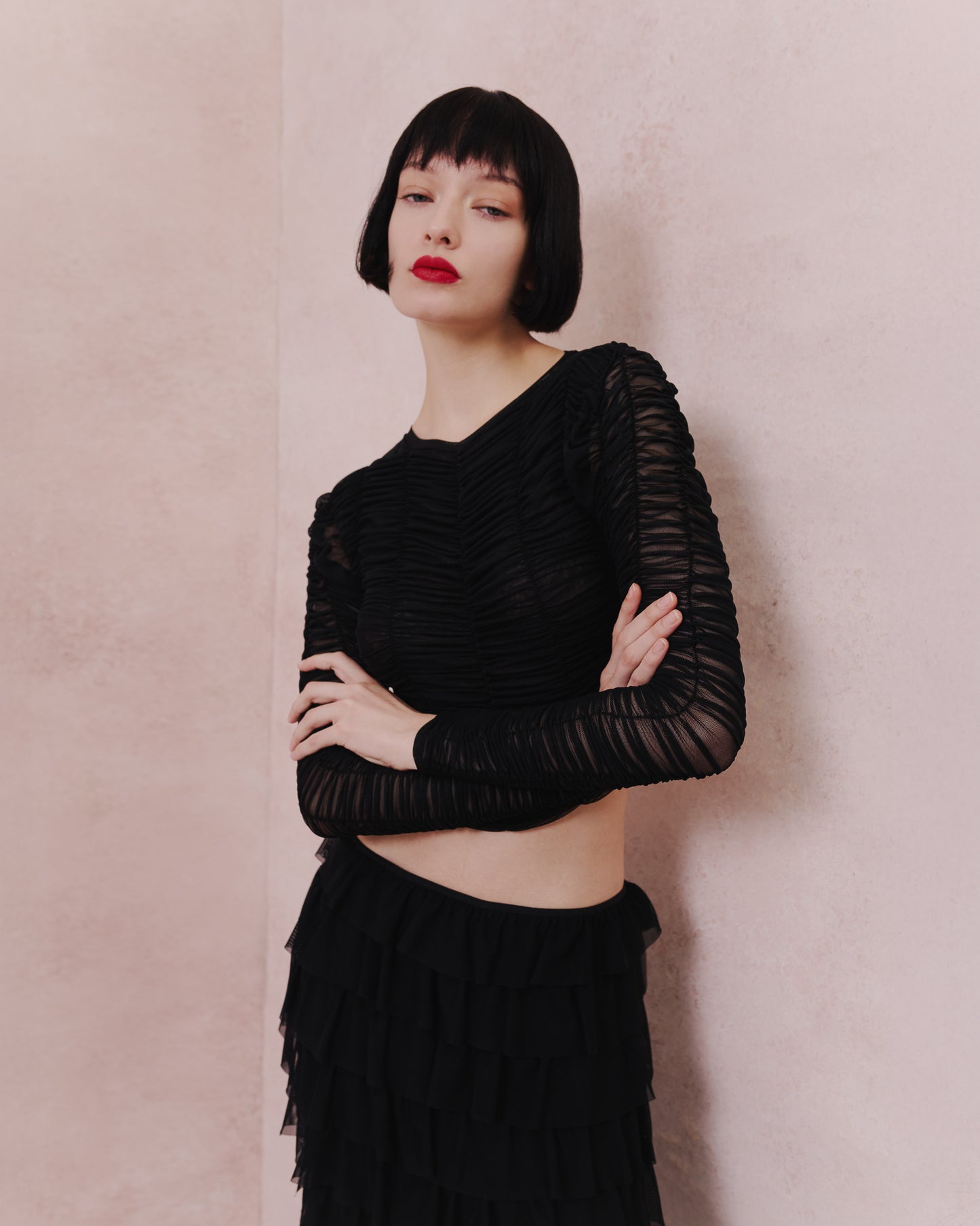Ruched Tulle Long-Sleeve Crop Top