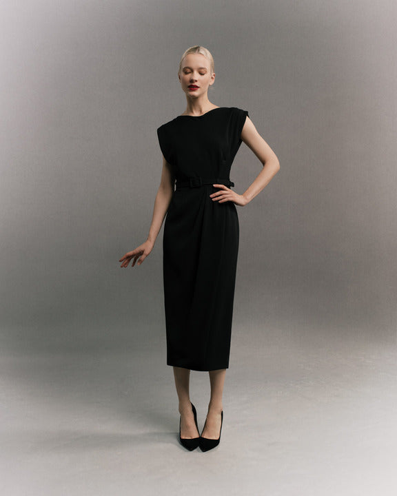 Cap Sleeve Fitted Midi Dress Black