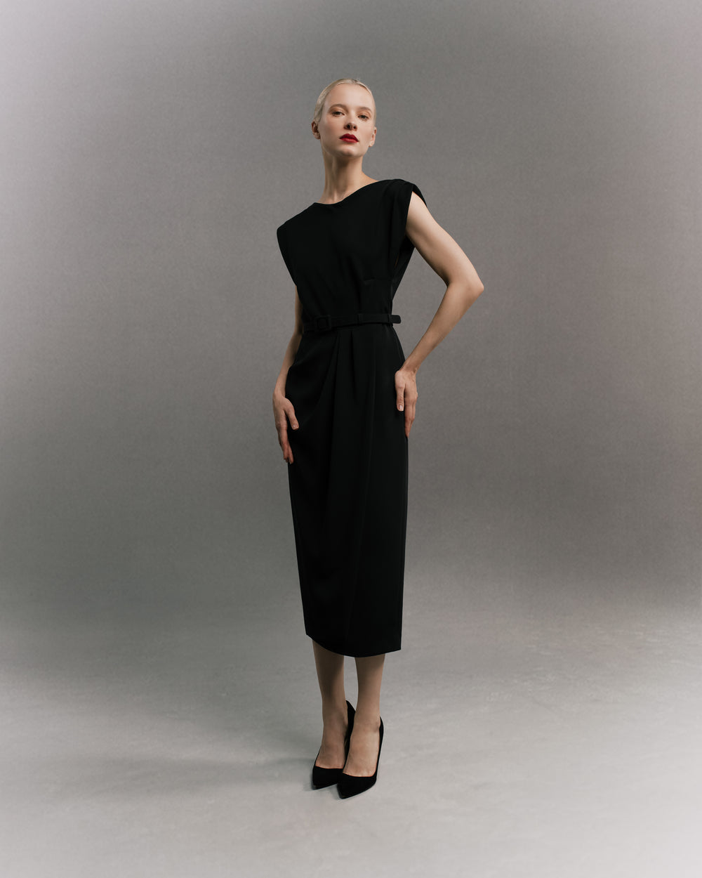 Cap Sleeve Fitted Midi Dress Black Full Body