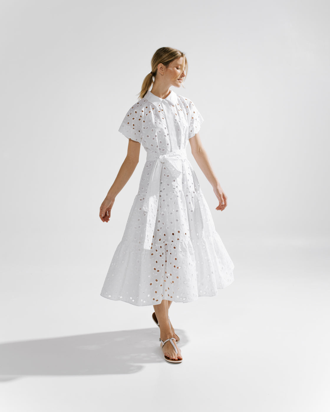 Cap Sleeve Tiered Ruffle Cotton Dress White