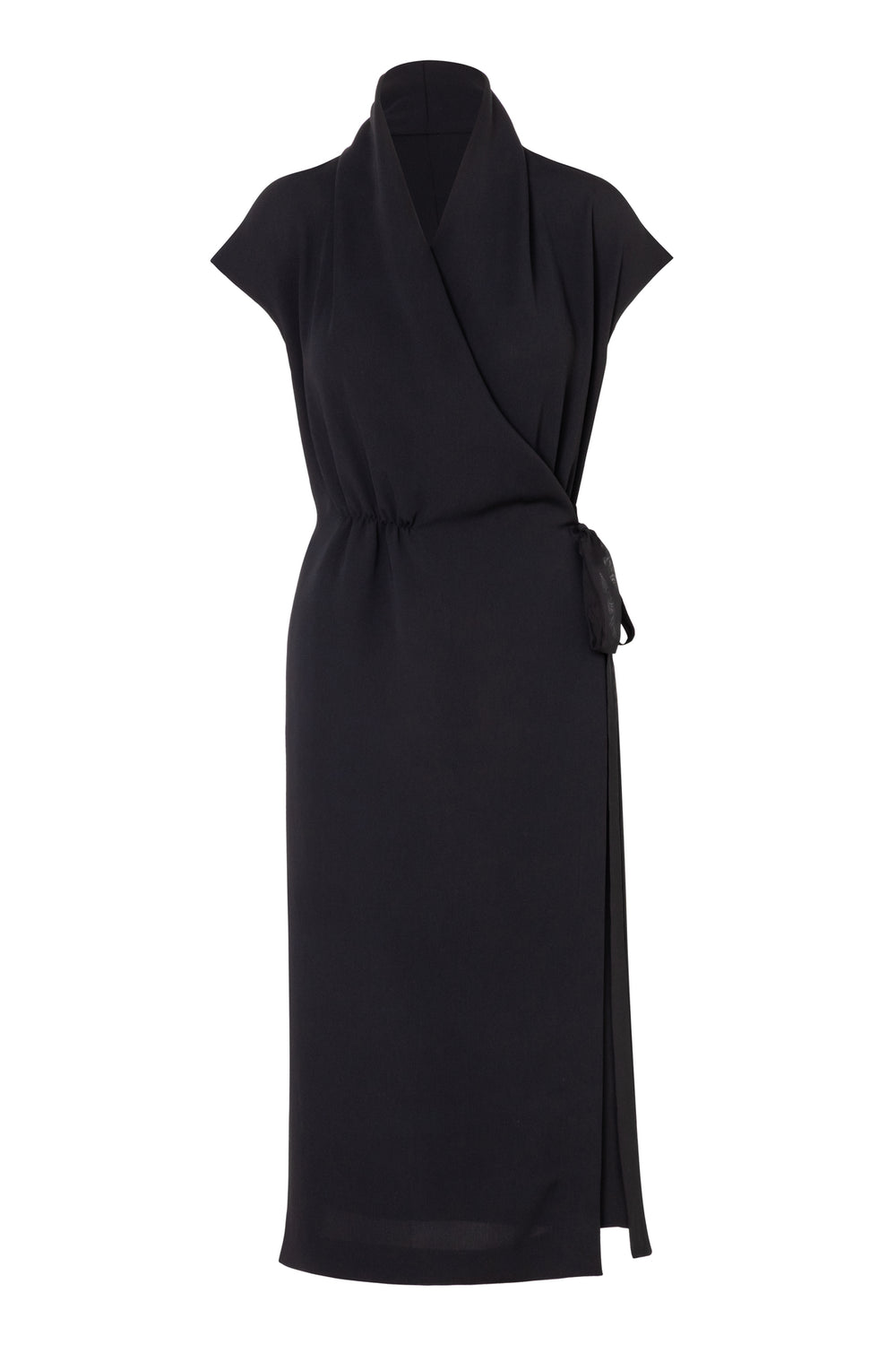 Cap Sleeve Wrap Midi Dress Black Close Up
