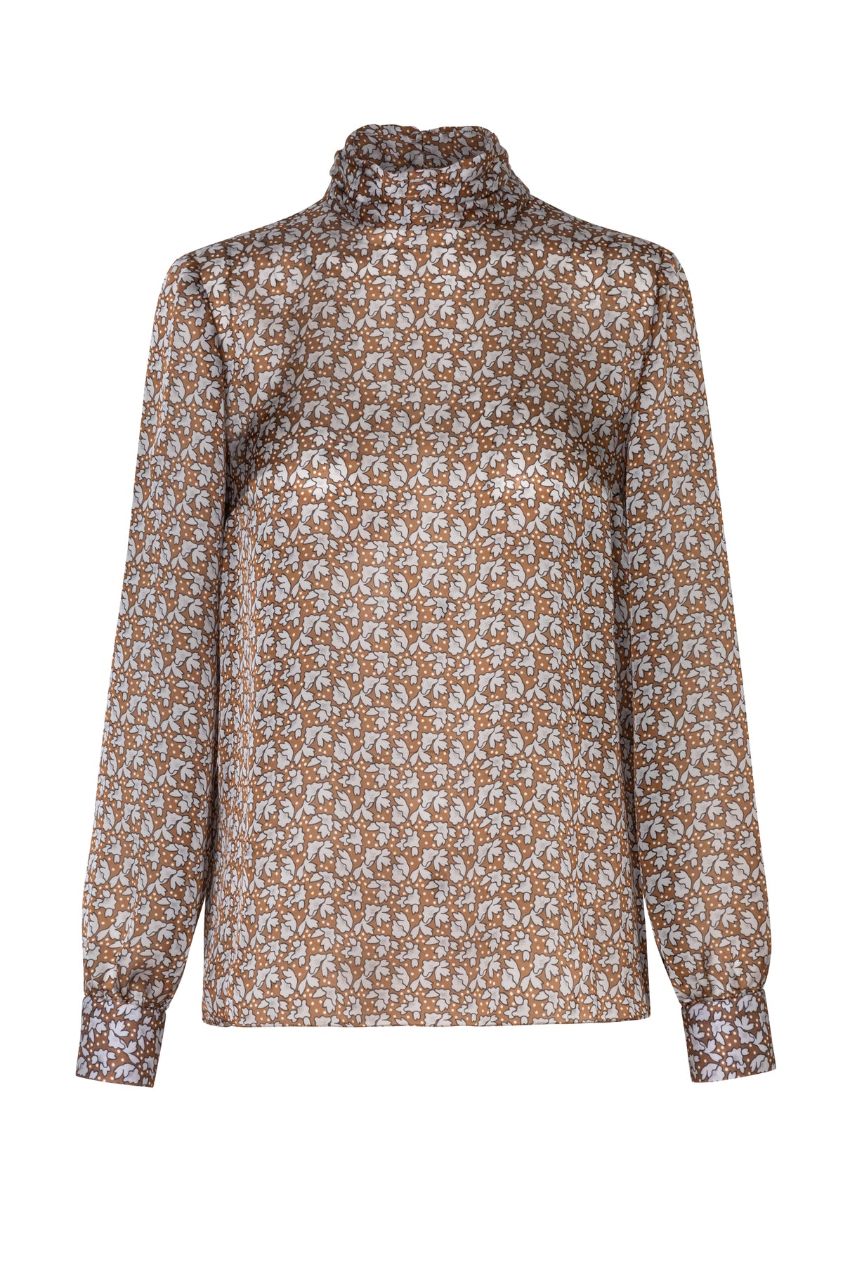 Draped High Collar Silk Printed Blouse Camel Product Image