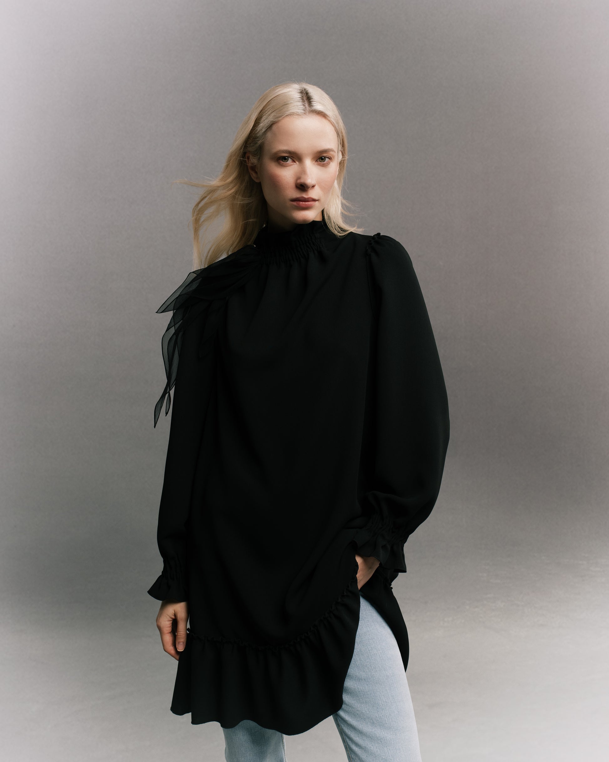 Long Sleeve Gathered Collar Mini Dress Black Close Up