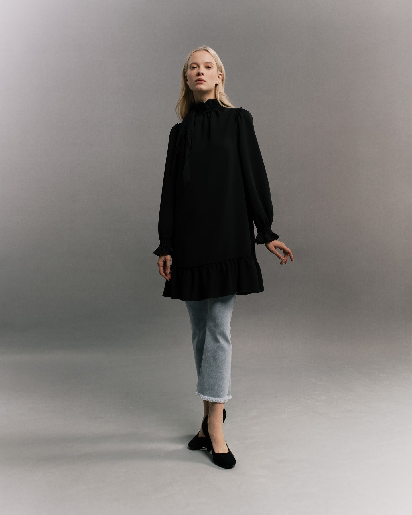 Long Sleeve Gathered Collar Mini Dress Black Full Body