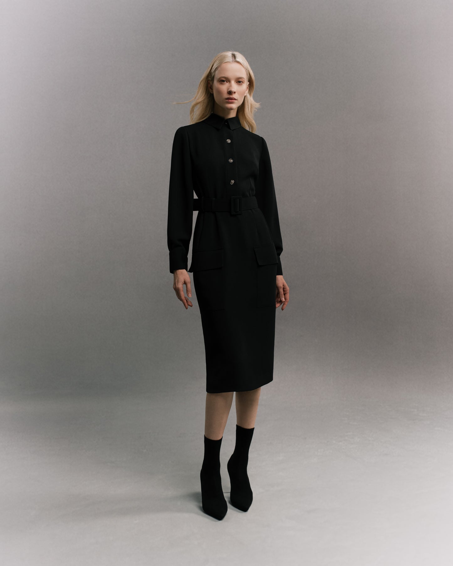 Long Sleeve Midi Fitted Dress Black