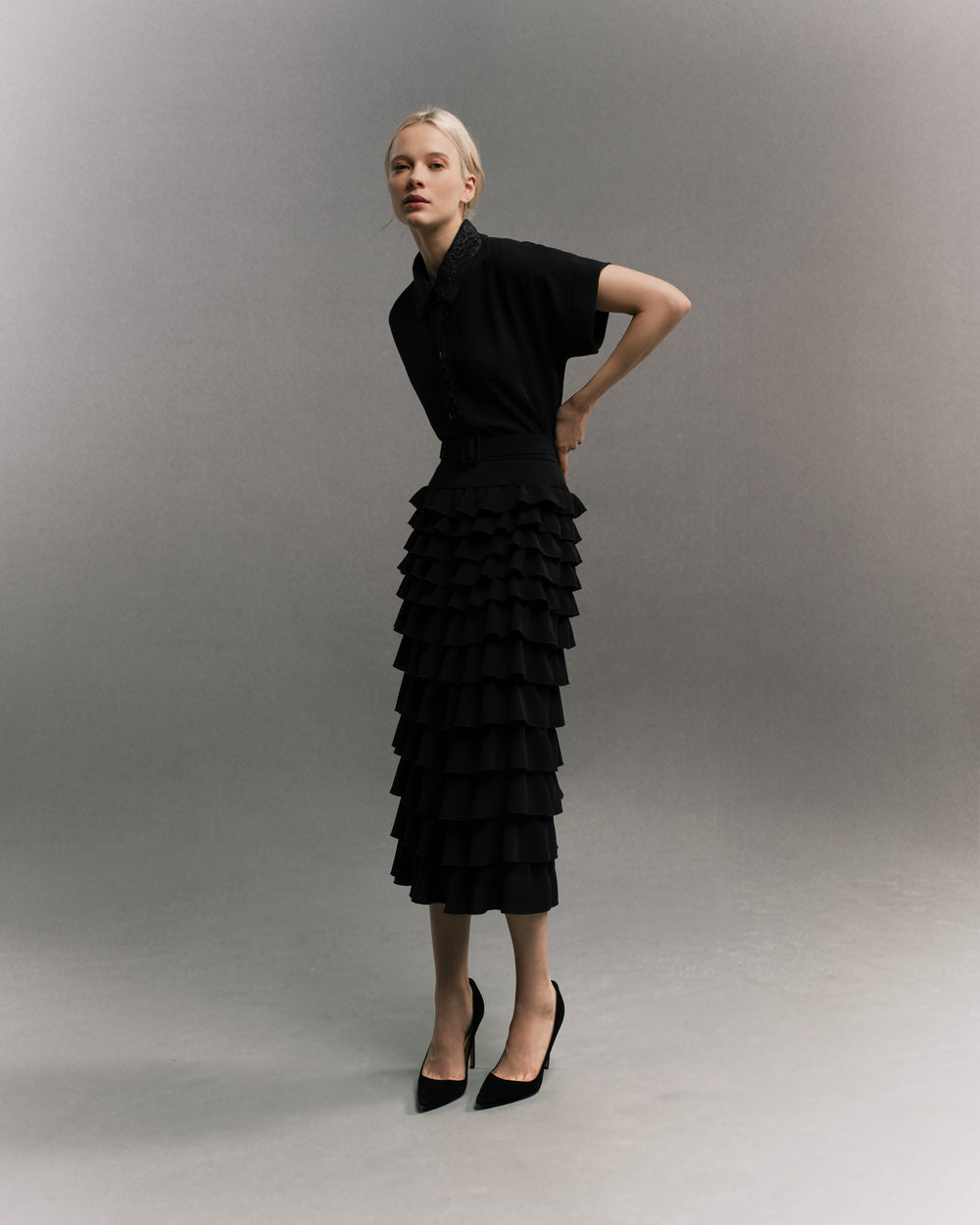 Ruffle Tiered Skirt Black Full Body