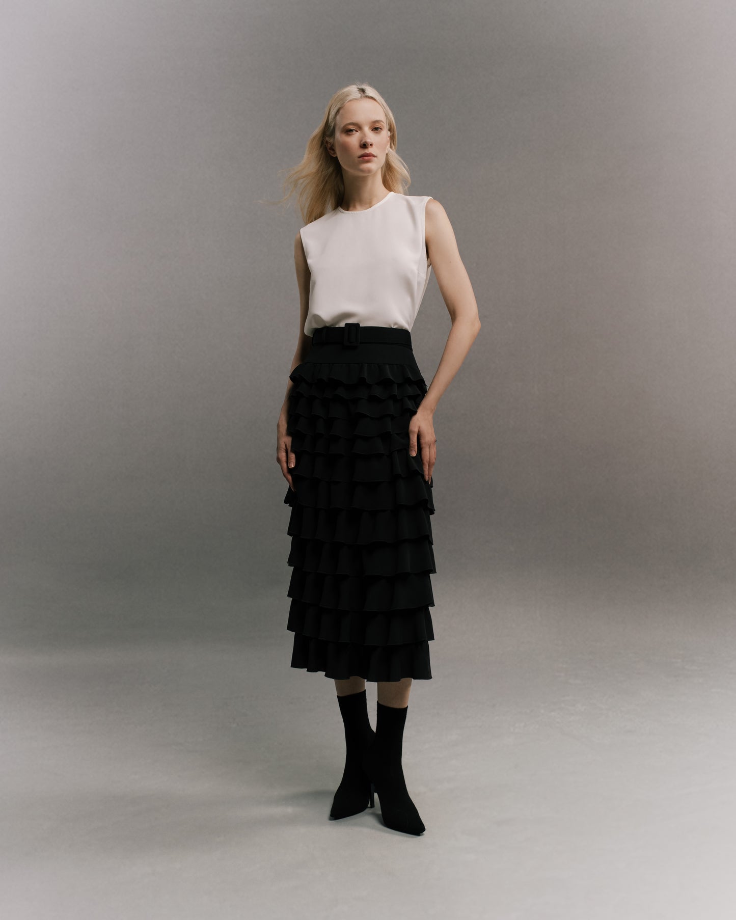 Ruffle Tiered Skirt Black Full Body