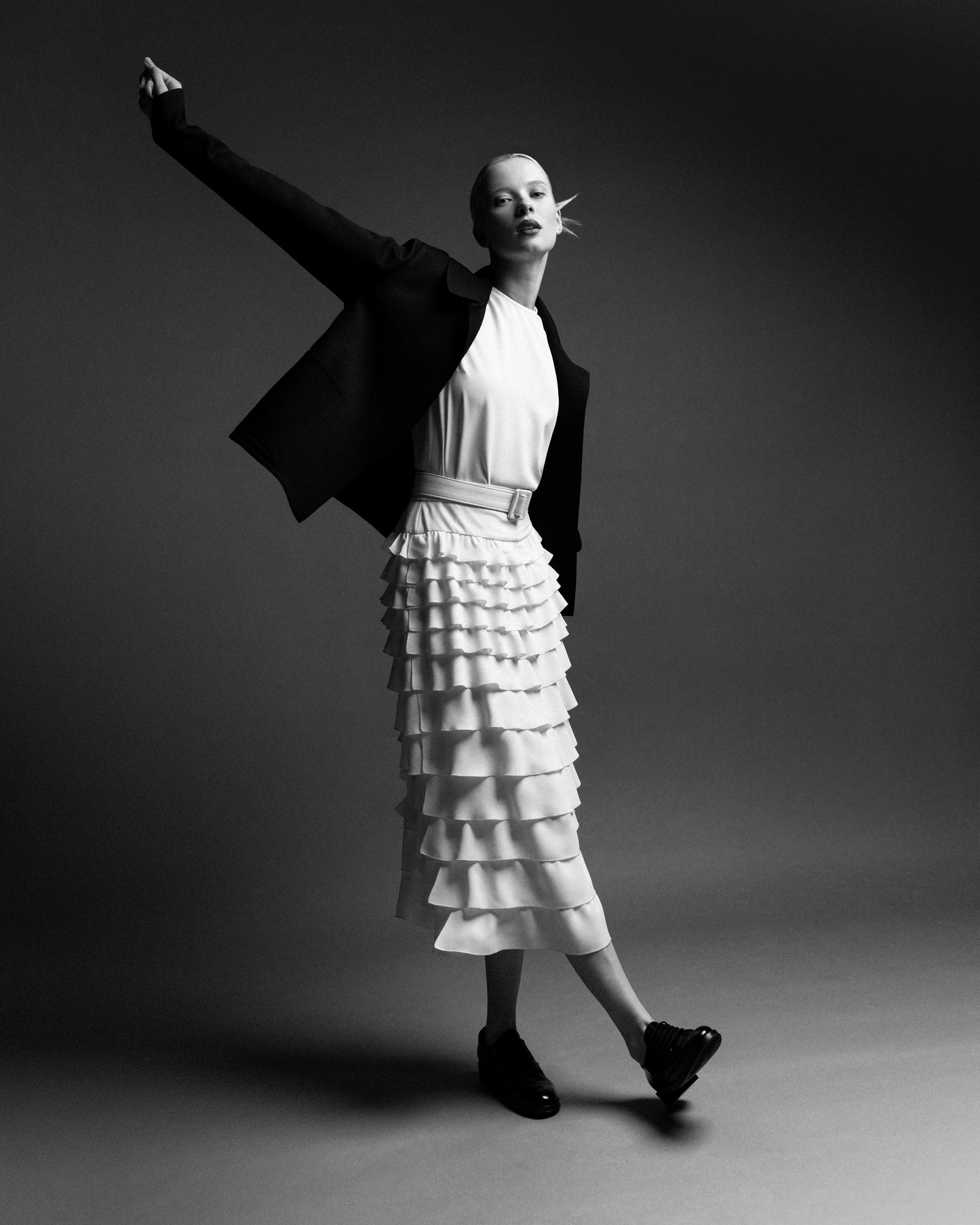 Ruffle Tiered Skirt White Full Body B&W