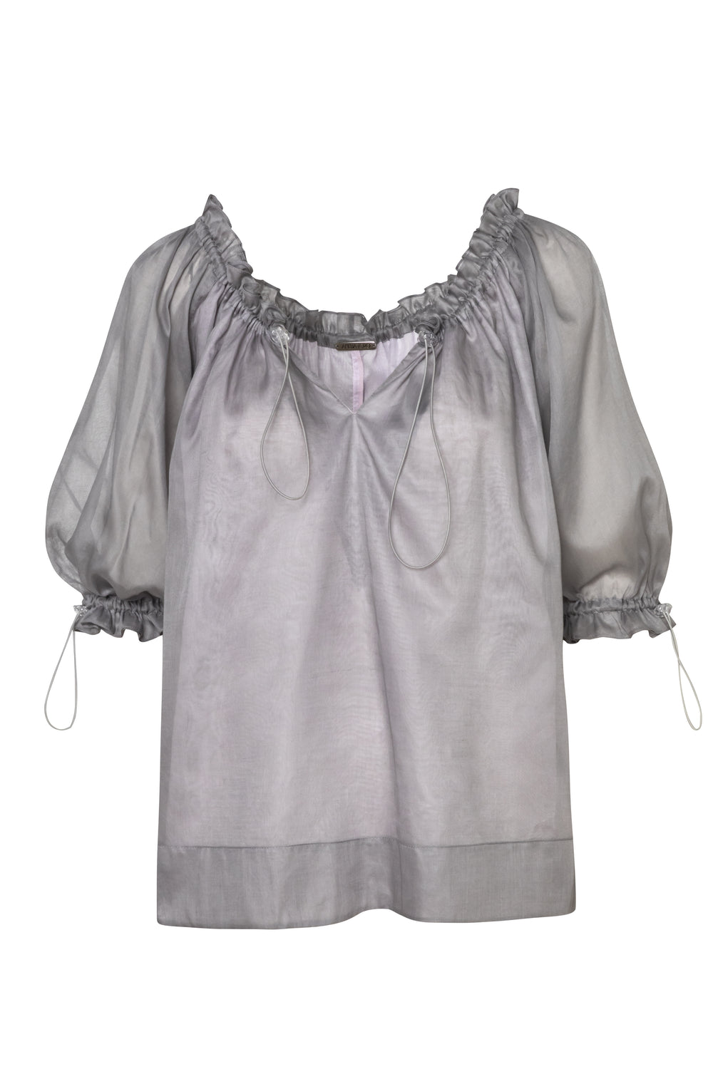 Product still of the Amelia Toro Balloon-Sleeve Cotton Voile Top in Grey/Pink on a white background