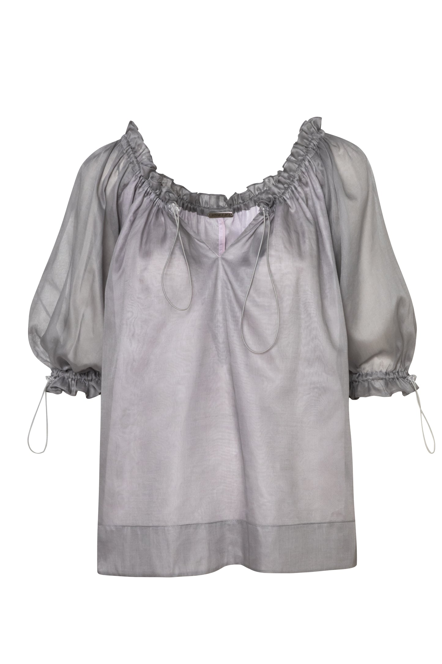 Product still of the Amelia Toro Balloon-Sleeve Cotton Voile Top in Grey/Pink on a white background