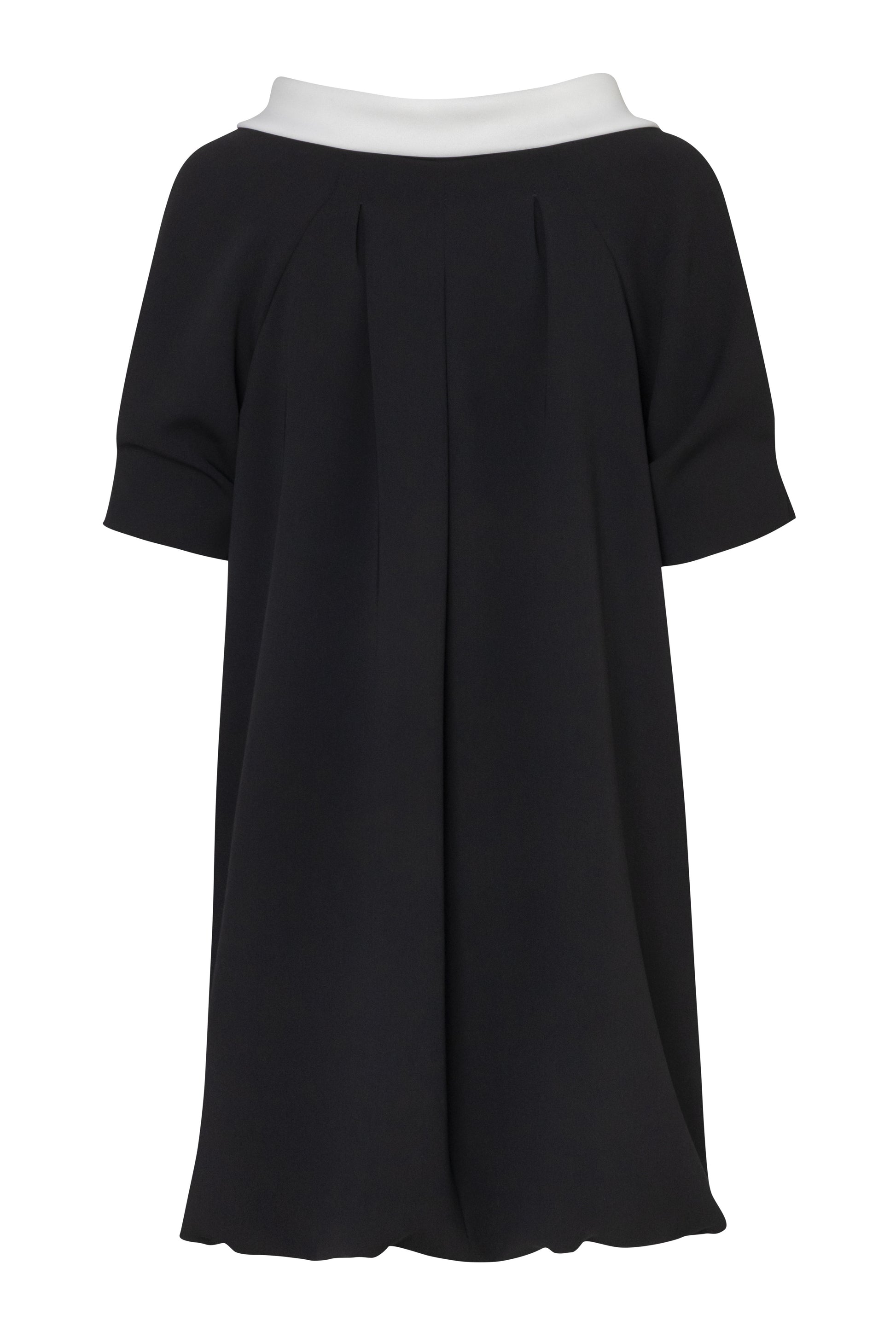 Close-up of the Amelia Toro Bateau-Collar Bow-Tie Cady Mini Dress in Black