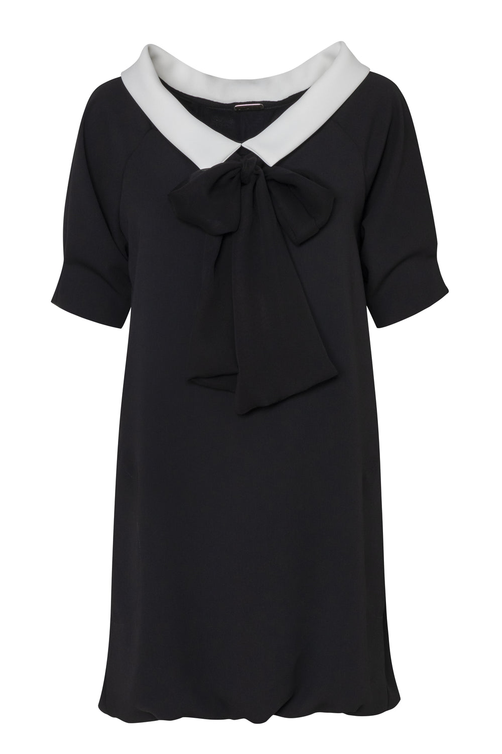 Product still of the Amelia Toro Bateau-Collar Bow-Tie Cady Mini Dress in Black on a white background