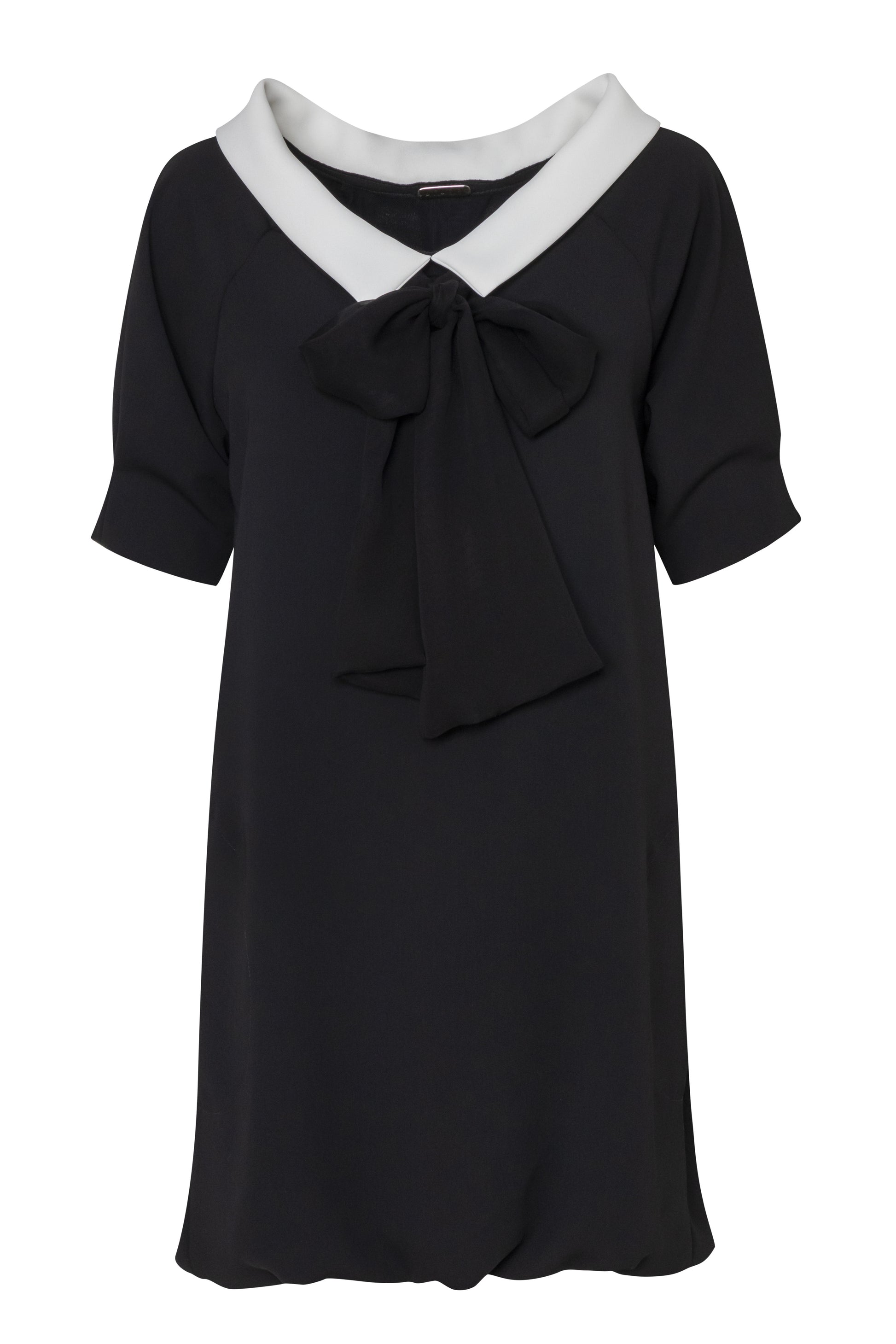 Product still of the Amelia Toro Bateau-Collar Bow-Tie Cady Mini Dress in Black on a white background
