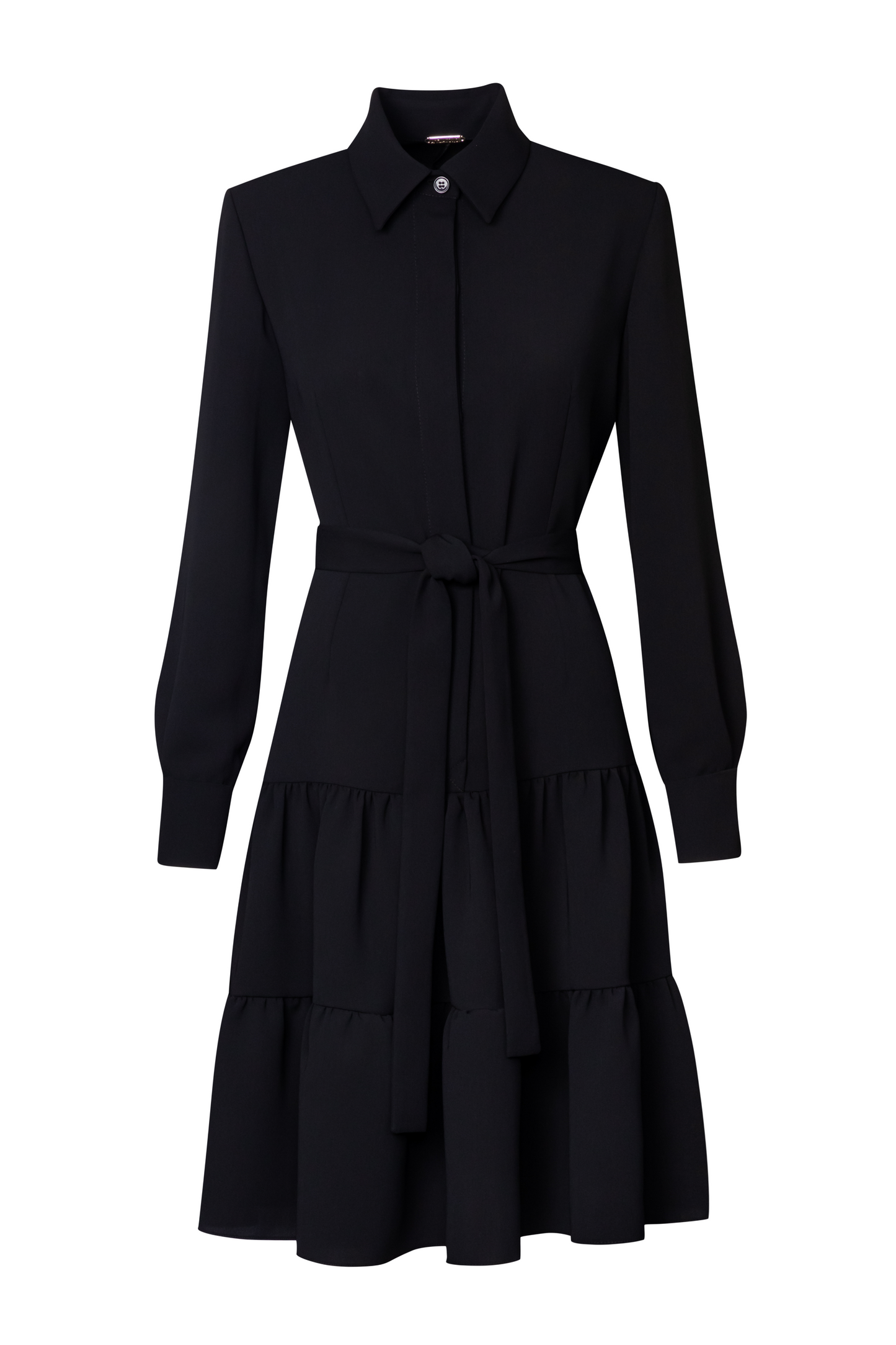Product still of the Amelia Toro Belted Shirt Dress in black on a white background