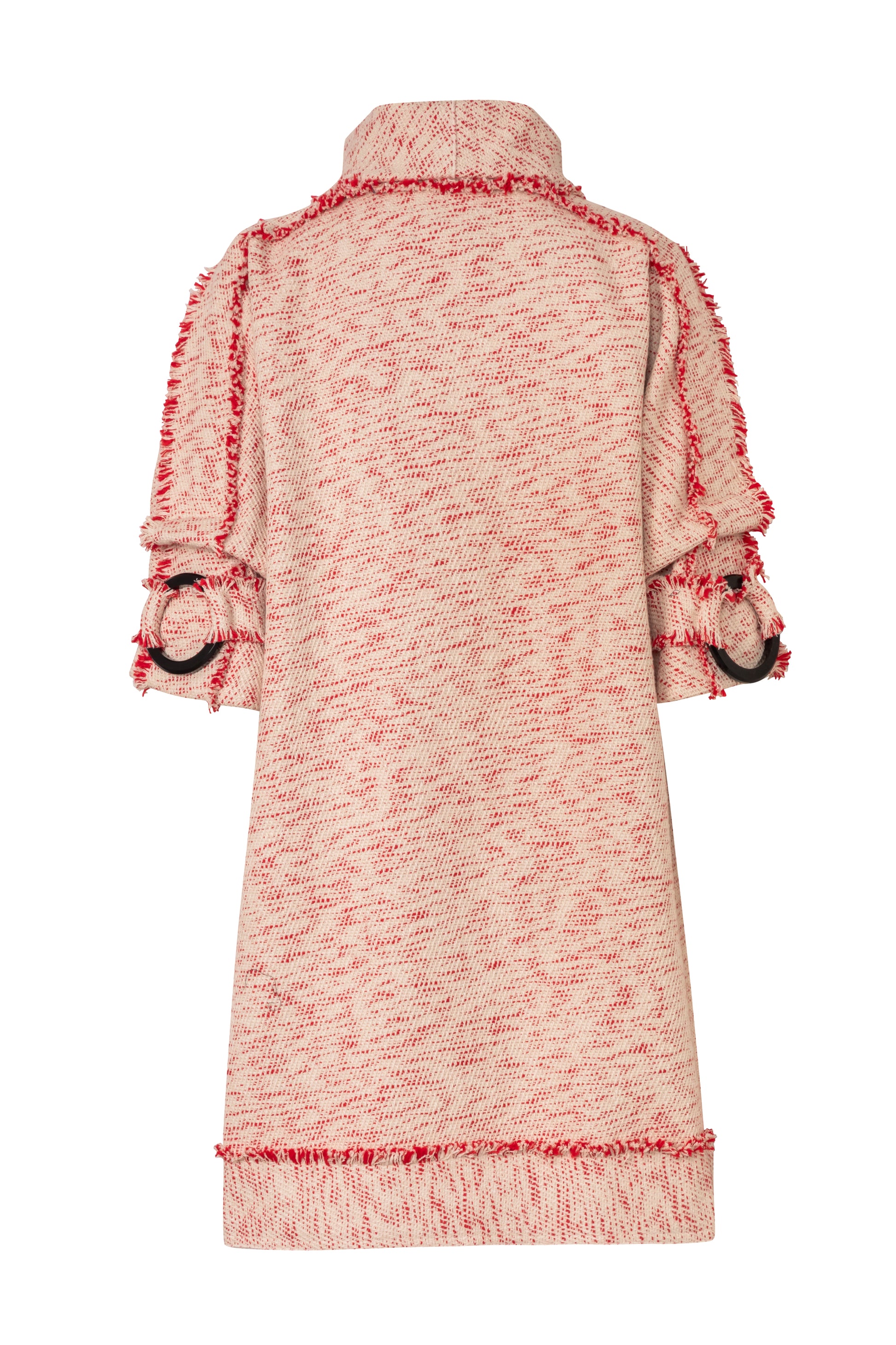 Close-up of the Amelia Toro Compact Cotton Coat with Fringe Detail in Red/Beige