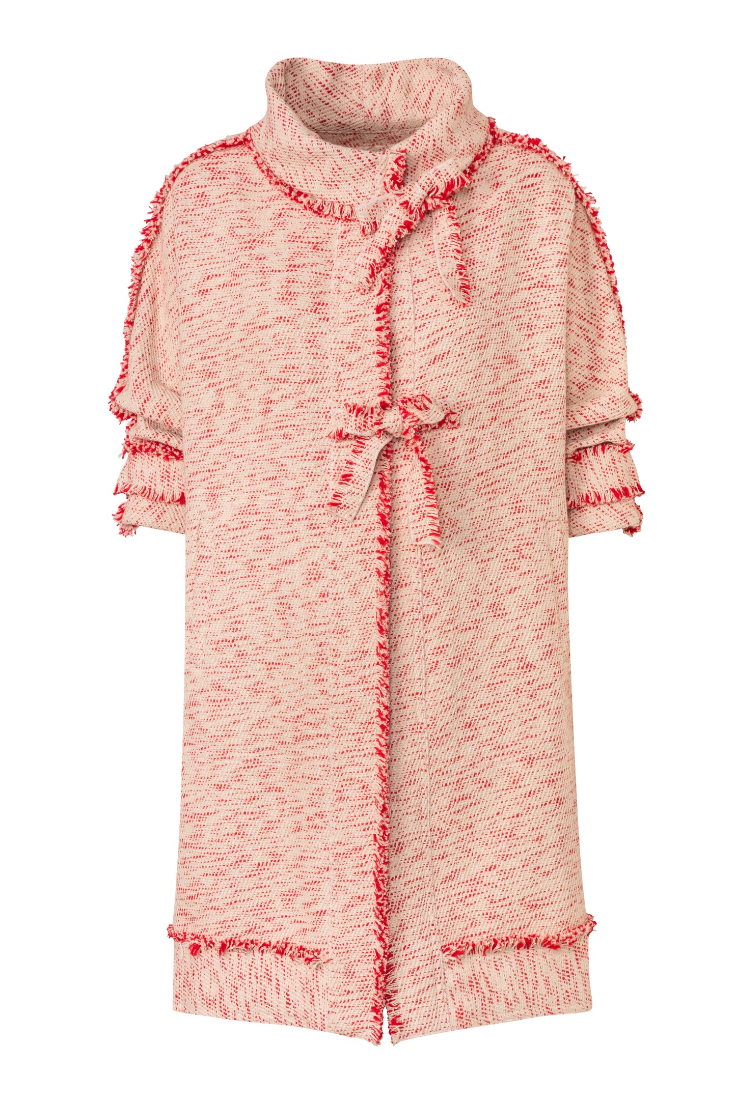 Product still of the Amelia Toro Compact Cotton Coat with Fringe Detail in Red/Beige on a white background