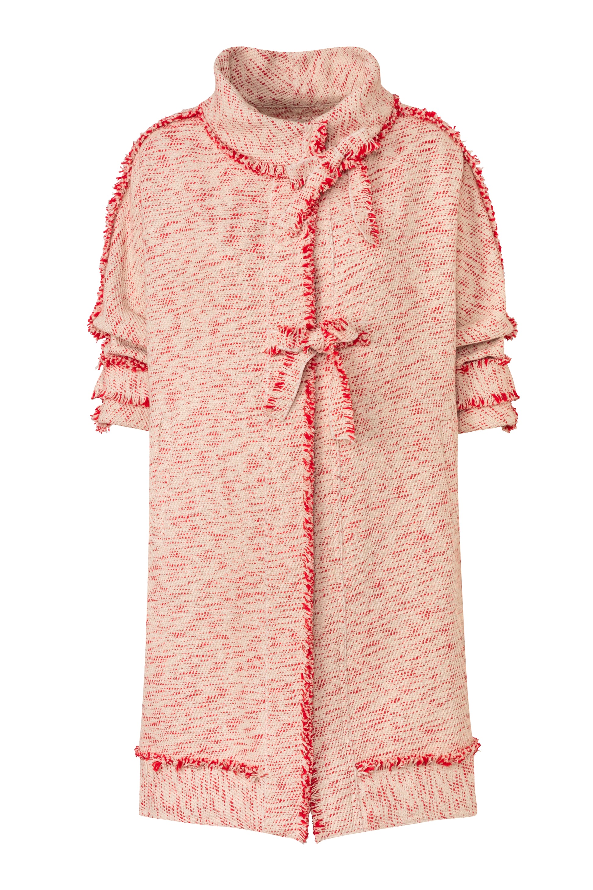 Product still of the Amelia Toro Compact Cotton Coat with Fringe Detail in Red/Beige on a white background
