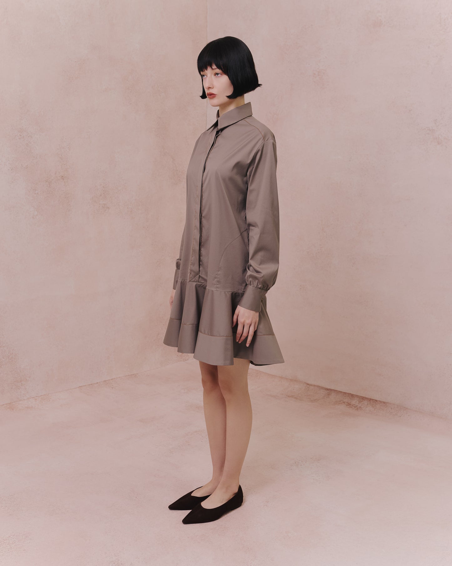 Model wears the Amelia Toro Cotton Shirt Dress in blue, front view