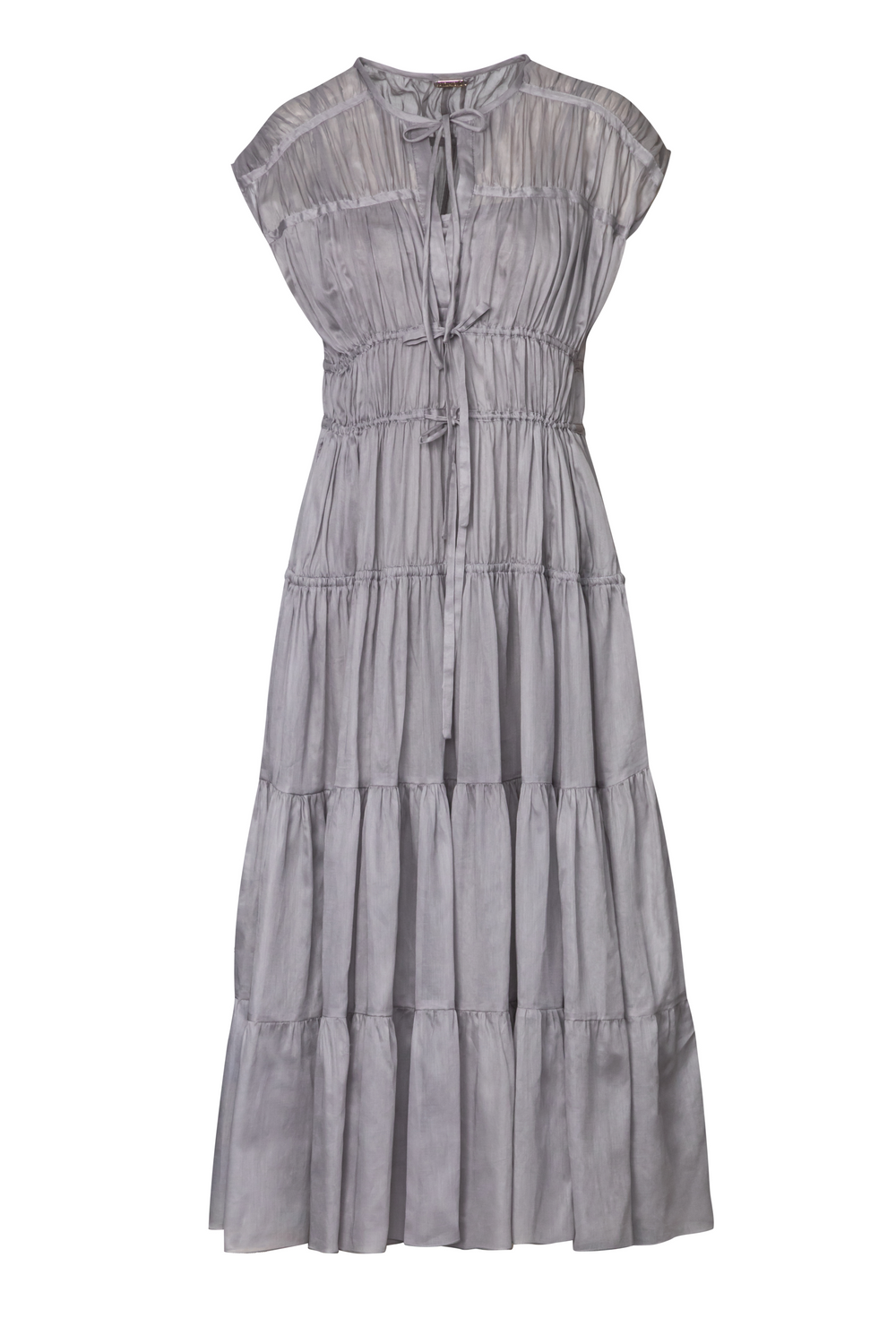 Product still of the Amelia Toro Cotton Voile Tiered Maxi Dress in grey on a white background