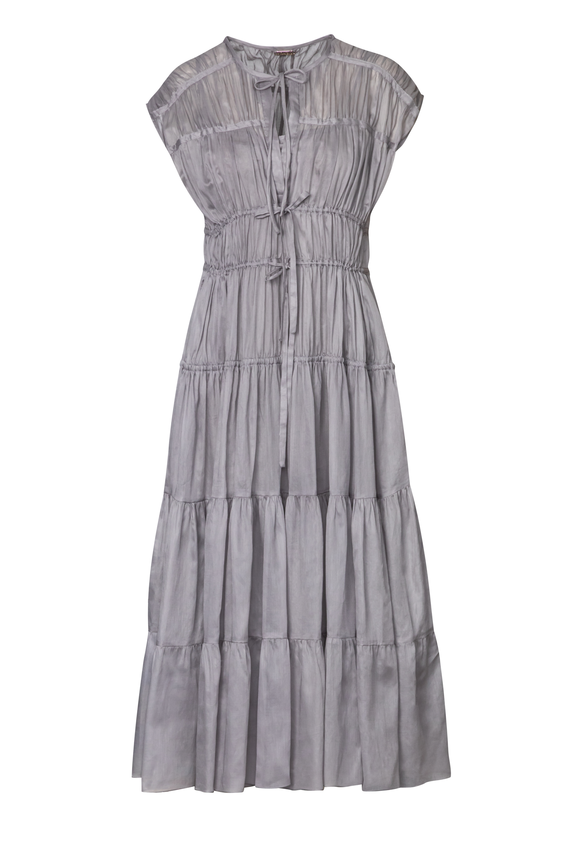 Product still of the Amelia Toro Cotton Voile Tiered Maxi Dress in grey on a white background