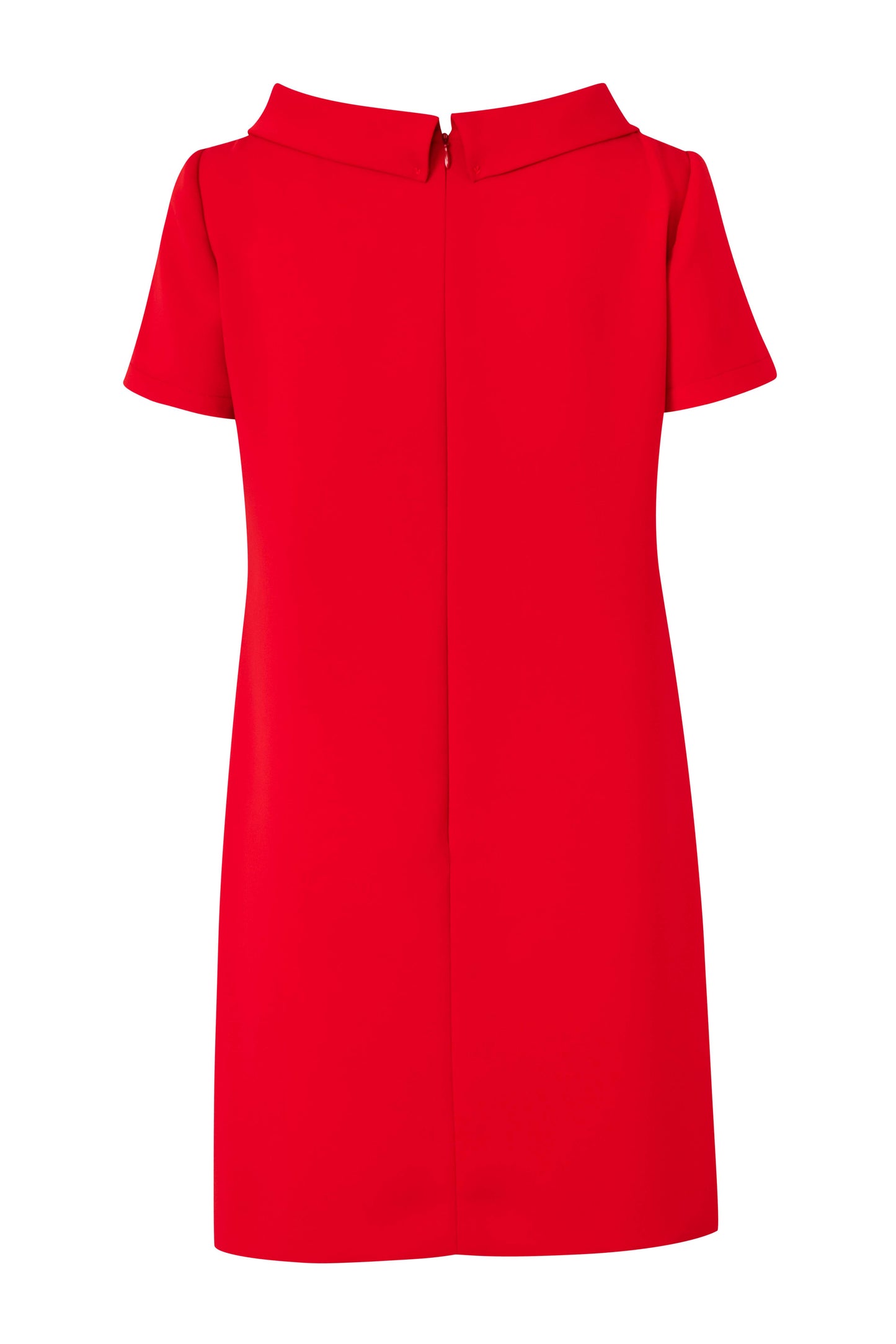 Close-up of the Amelia Toro Cowl-Collar Short-Sleeve Mini Dress in Red