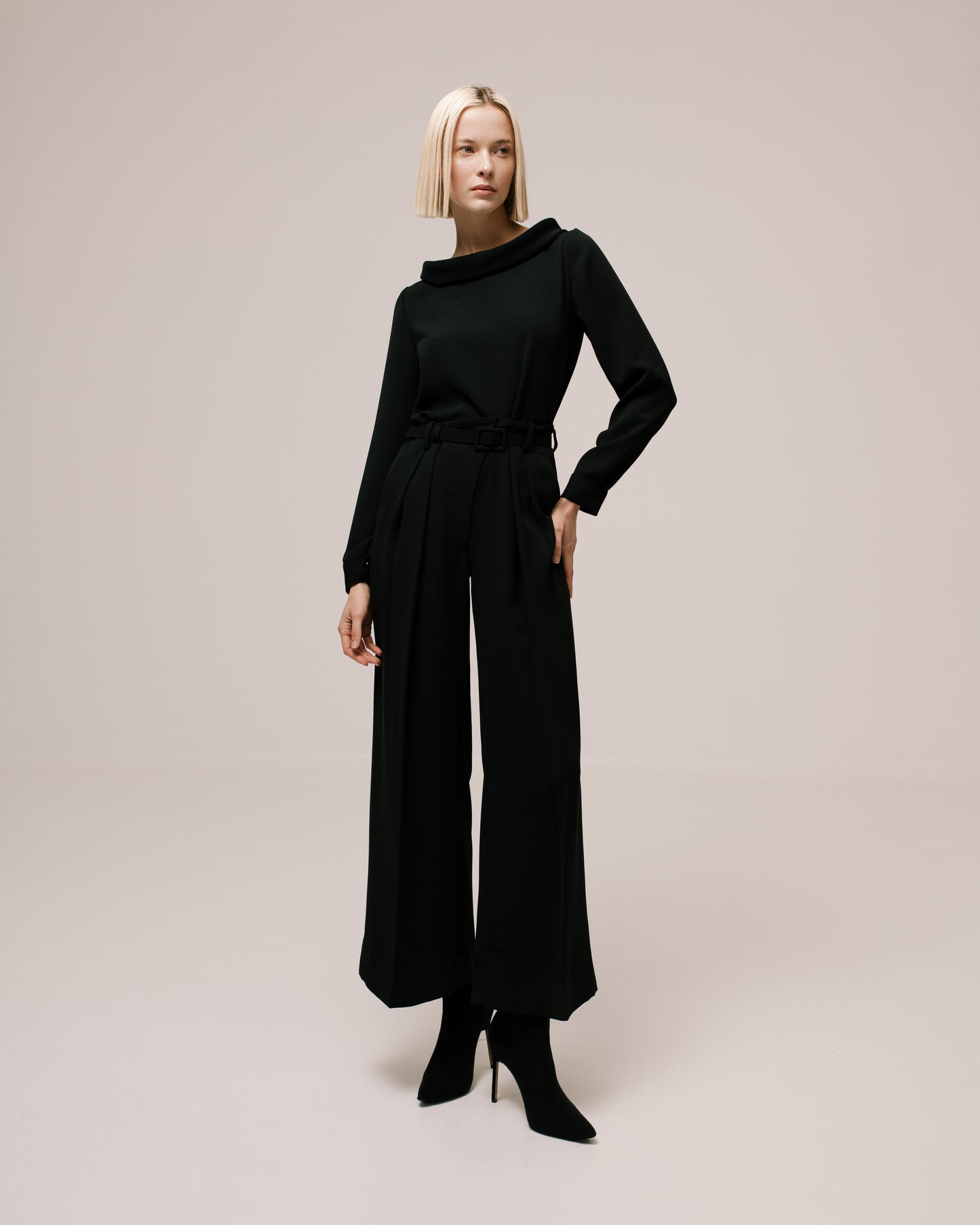 Close-up of the Amelia Toro Crop Wide-Leg Pleated Cady Trousers in Black