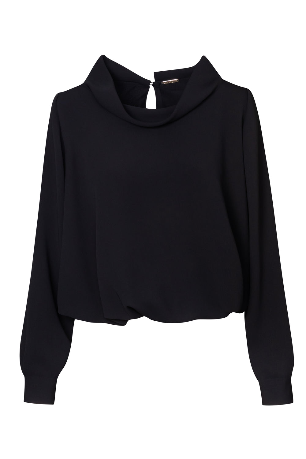 Product still of the Amelia Toro Draped-Waist Long-Sleeve Blouse in black on a white background