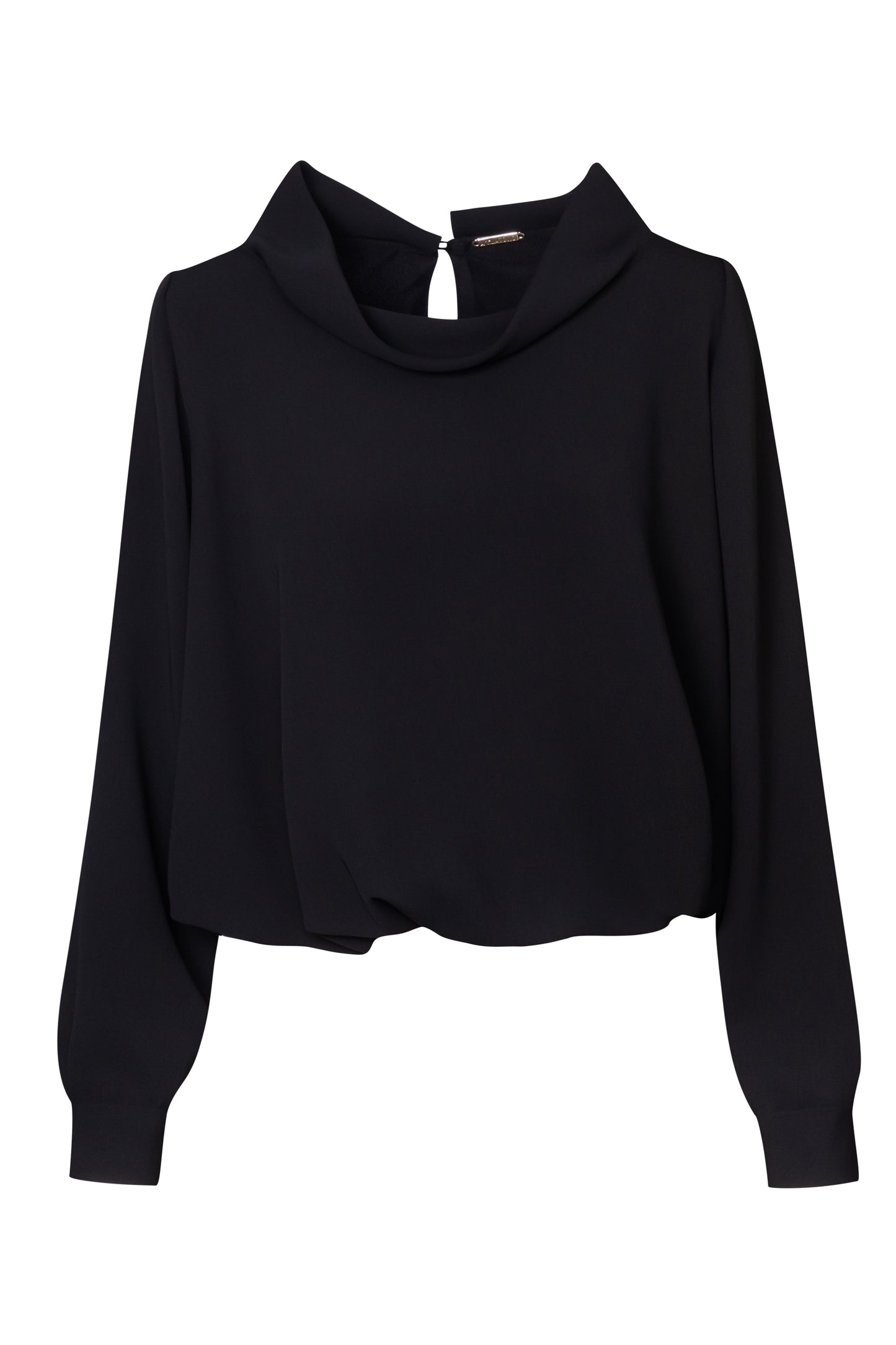 Product still of the Amelia Toro Draped-Waist Long-Sleeve Blouse in black on a white background