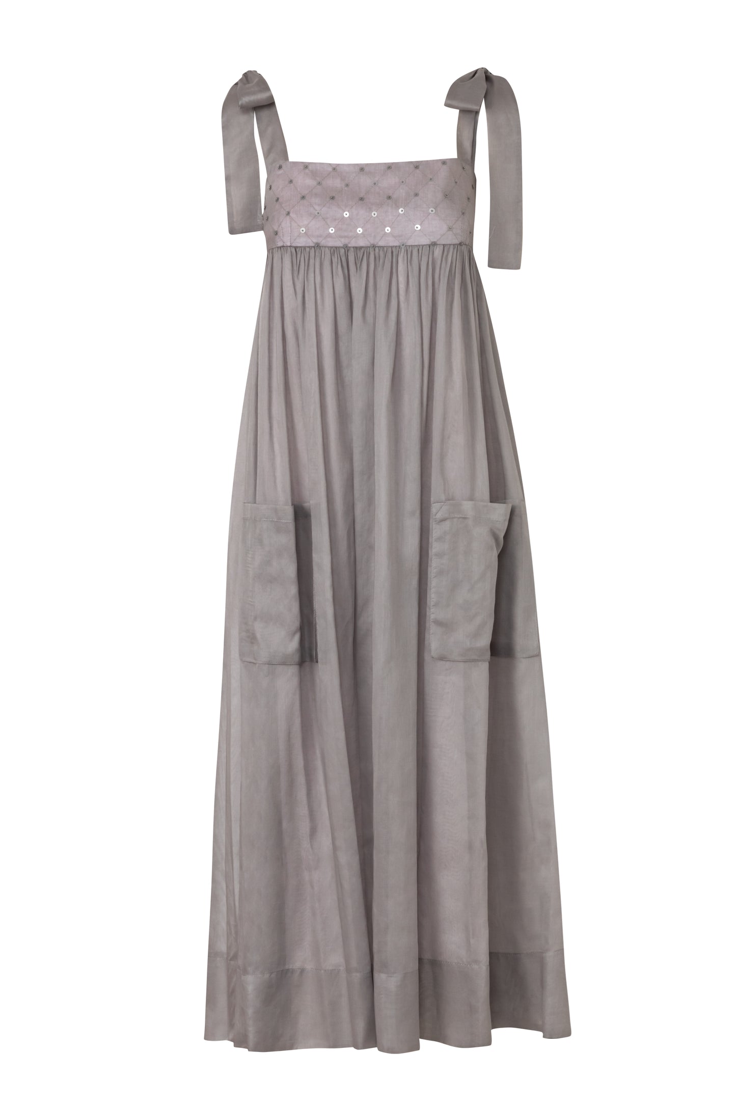 Product still of the Amelia Toro Embroidered Cotton Voile Midi Sundress in Grey/Pink on a white background