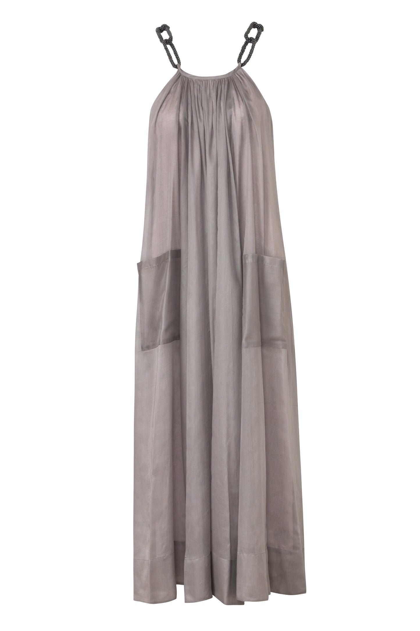 Product still of the Amelia Toro Embroidered Halter Cotton Voile Midi Dress in Grey/Pink on a white background
