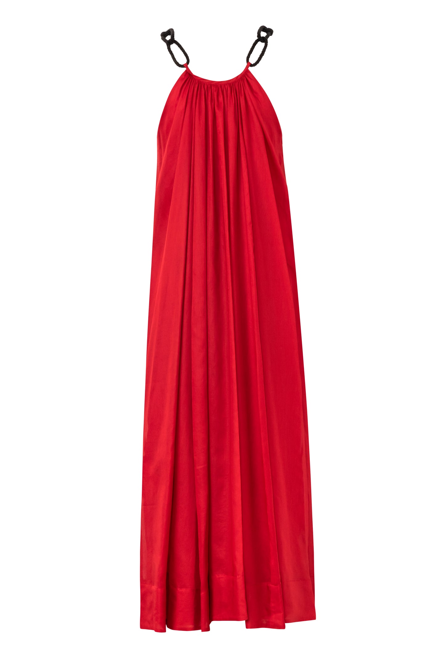 Close-up of the Amelia Toro Embroidered Halter Cotton Voile Midi Dress in Red