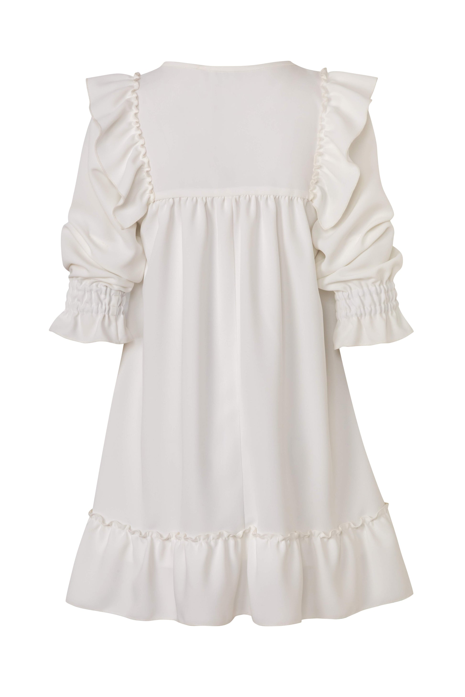 Close-up of the Amelia Toro Embroidered Ruffled Short-Sleeve Mini Dress in White