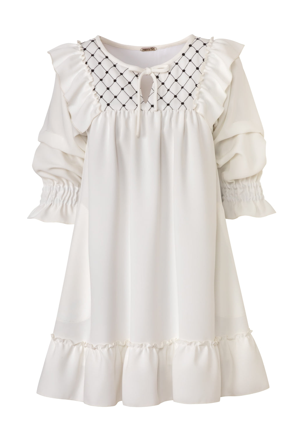 Product still of the Amelia Toro Embroidered Ruffled Short-Sleeve Mini Dress in White on a white background