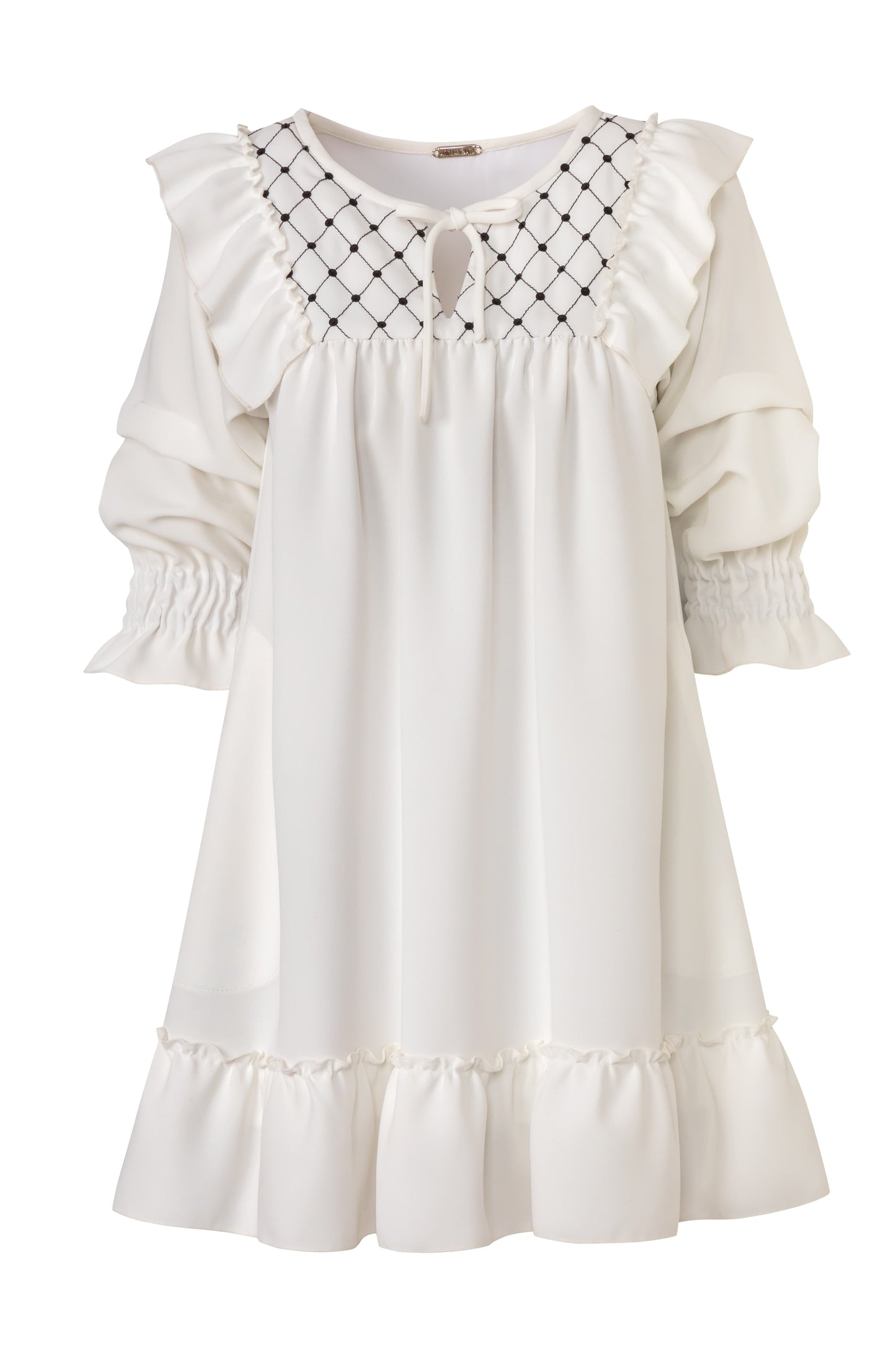 Product still of the Amelia Toro Embroidered Ruffled Short-Sleeve Mini Dress in White on a white background