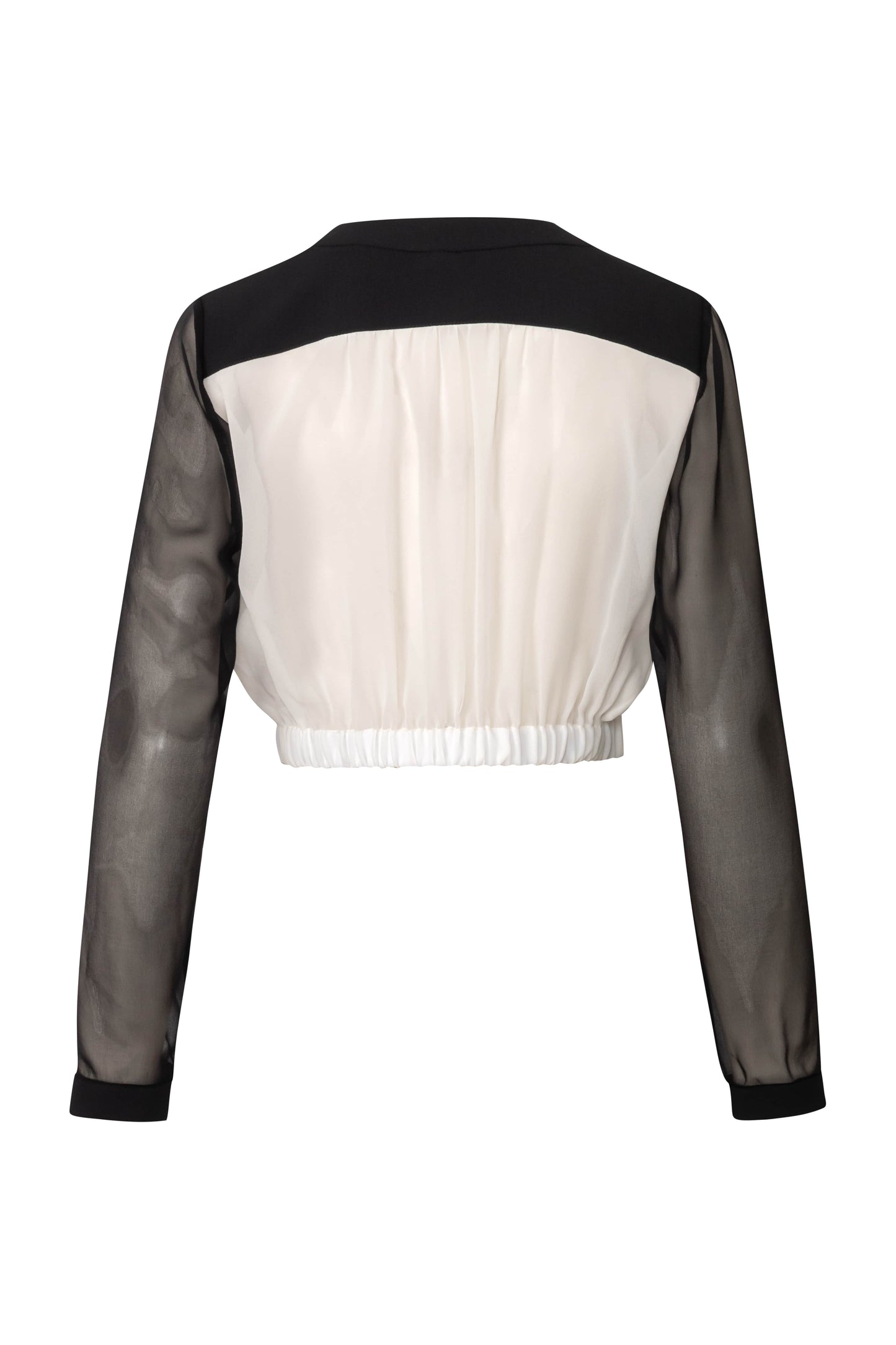 Close-up of the Amelia Toro Embroidered Silk Chiffon Bolero Jacket in Black & White