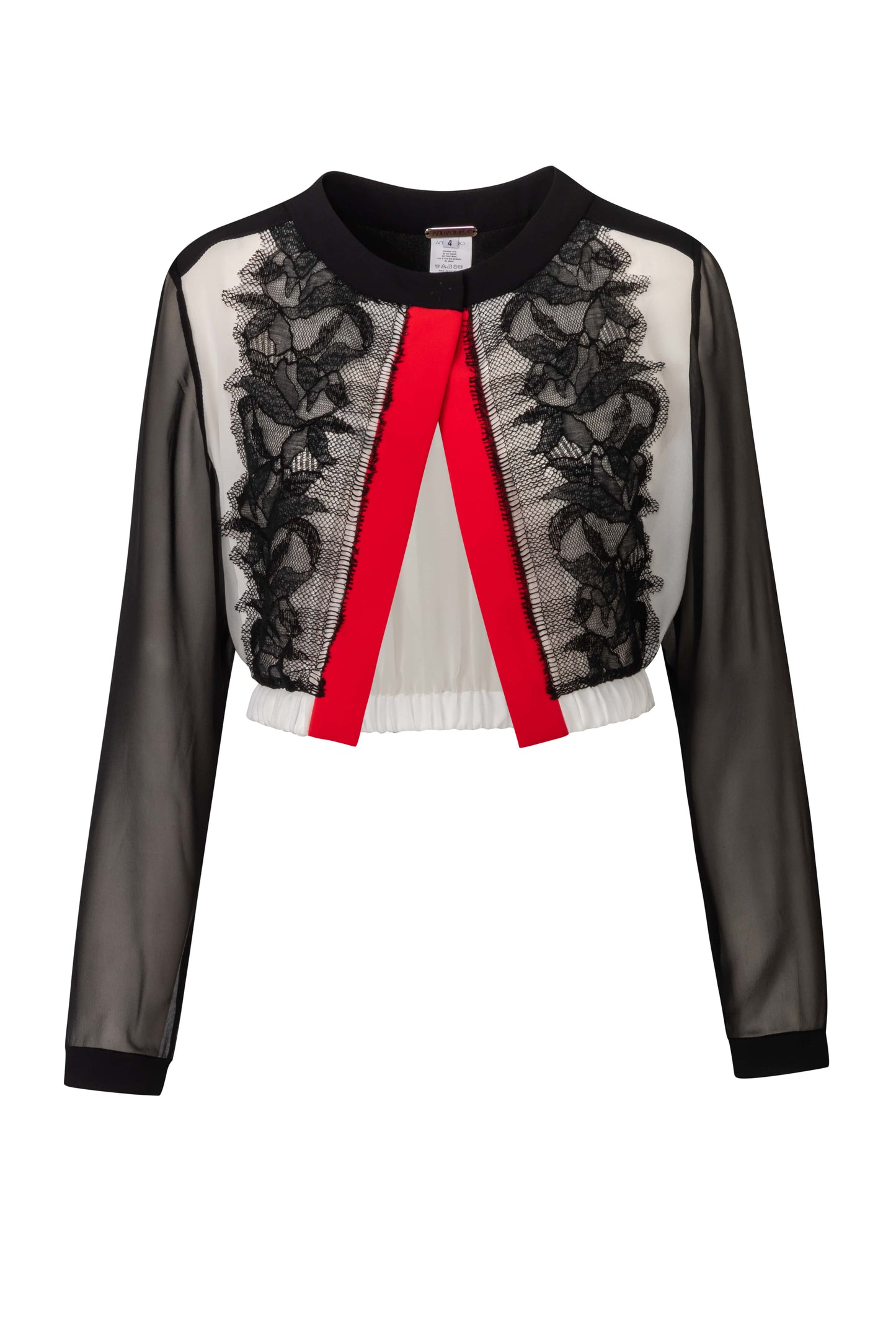 Product still of the Amelia Toro Embroidered Silk Chiffon Bolero Jacket in Black & White on a white background