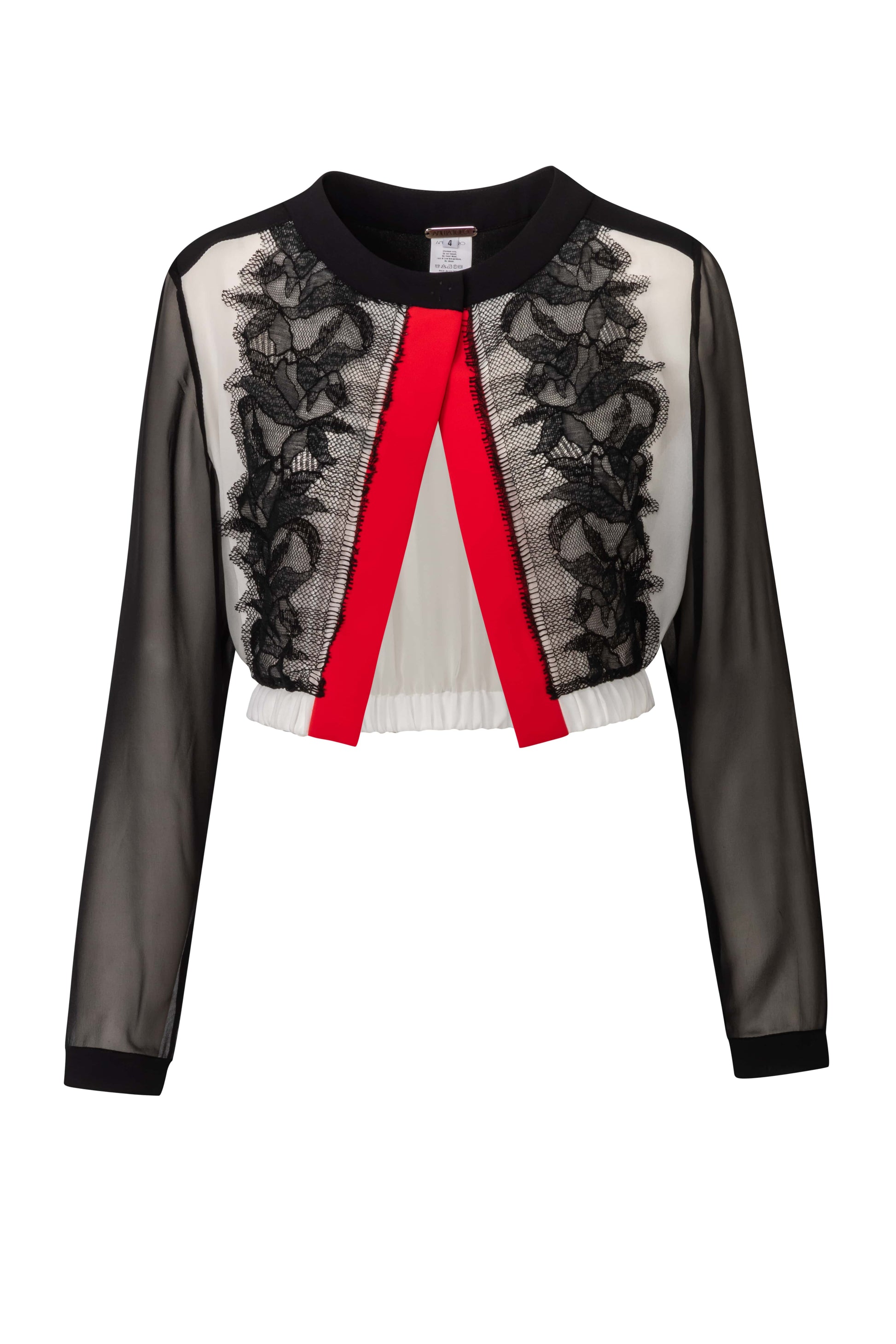 Product still of the Amelia Toro Embroidered Silk Chiffon Bolero Jacket in Black & White on a white background