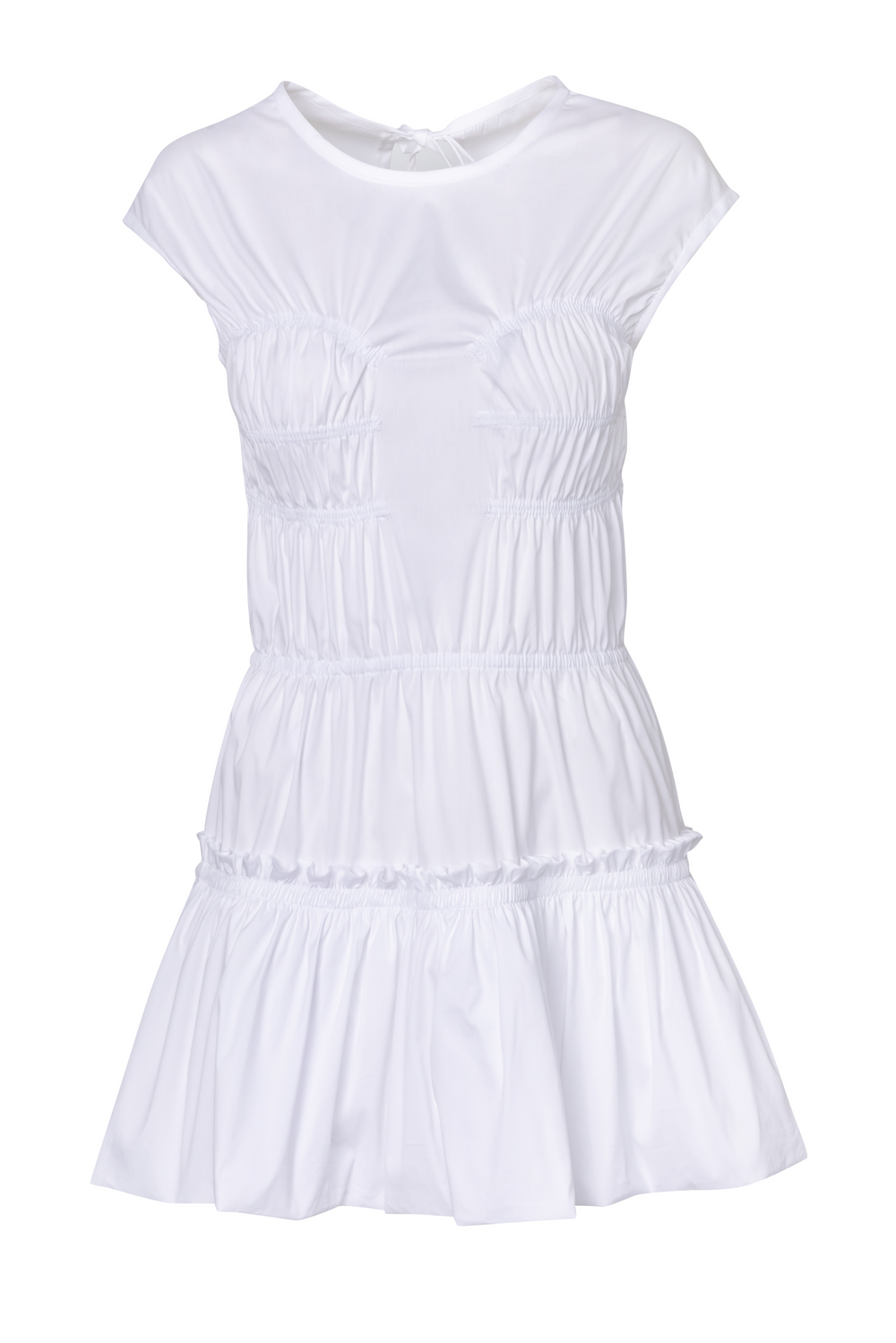 Product still of the Amelia Toro Gathered Bubble Mini Dress in white on a white background